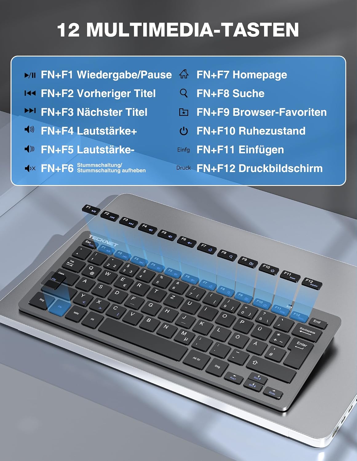 Detalle 2 de TECKNET Kabelloses Tastatur-Maus-Set (Deutsch QWERTZ), 2,4 GHz, 15 m Reichweite, Leise Mini-Keyboard mit Maus – Grau