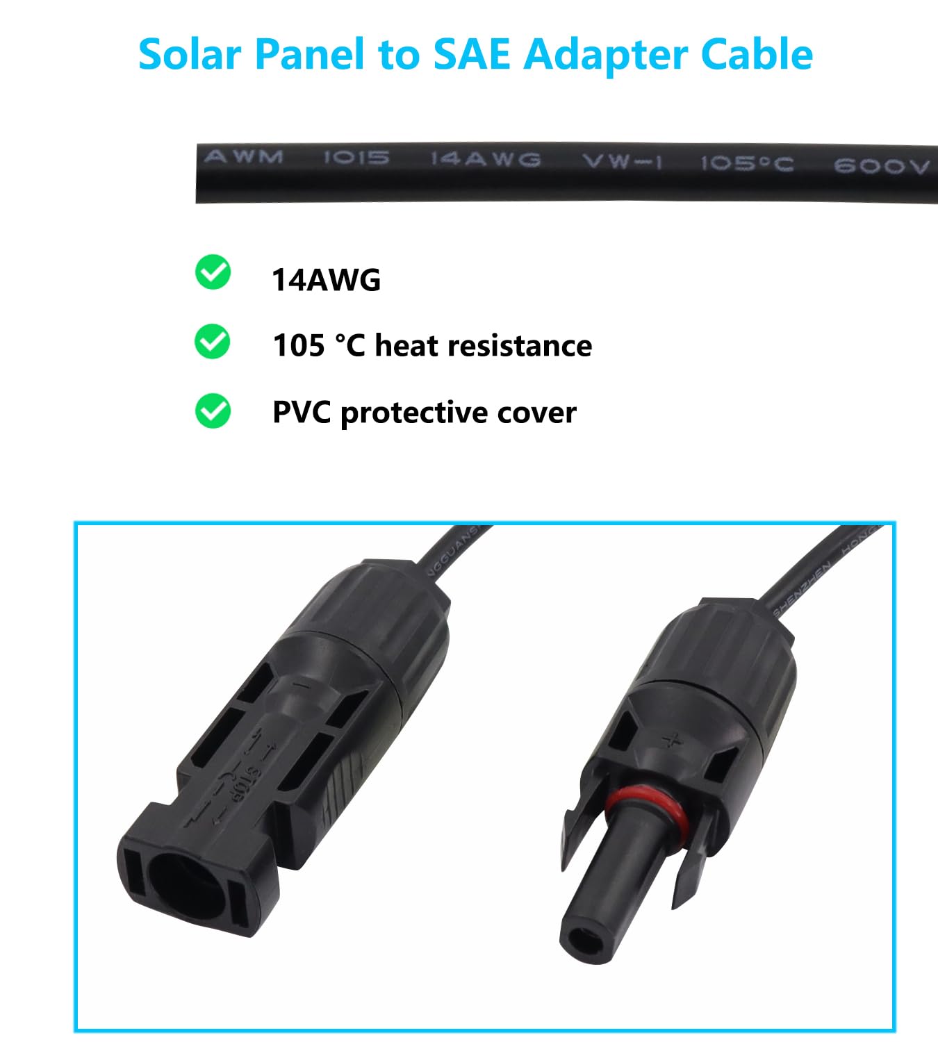 Detalle 2 de LANMINGLEL Solar Panel to SAE Adapter Cable 14AWG: SAE Connector to Male & Female Solar Connectors Extension Wire for Solar Panels and RV Battery Chargers