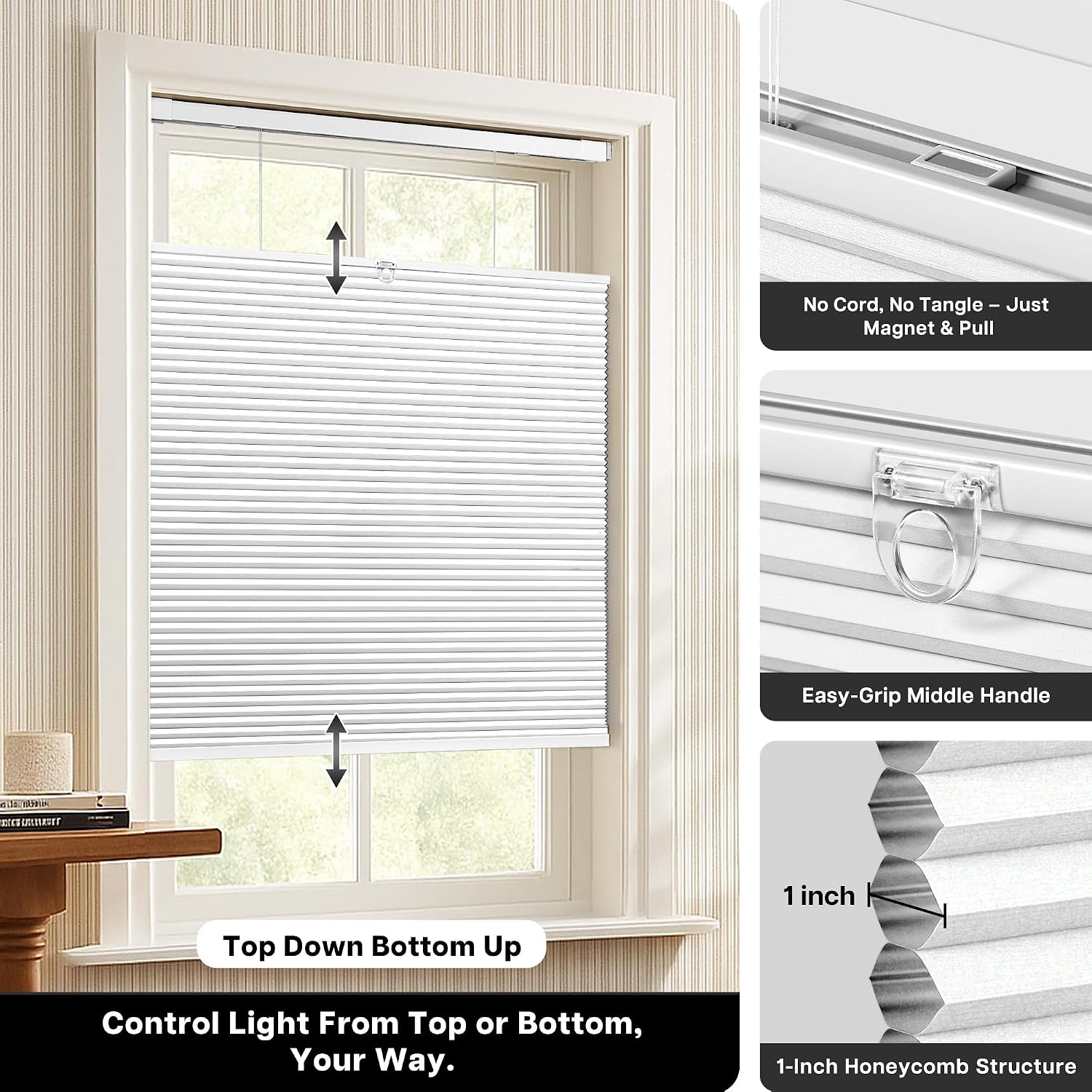 Detalle 2 de LazBlinds 41043420 No-Drill Cellular Shade, 35 x 64 in, White Blackout