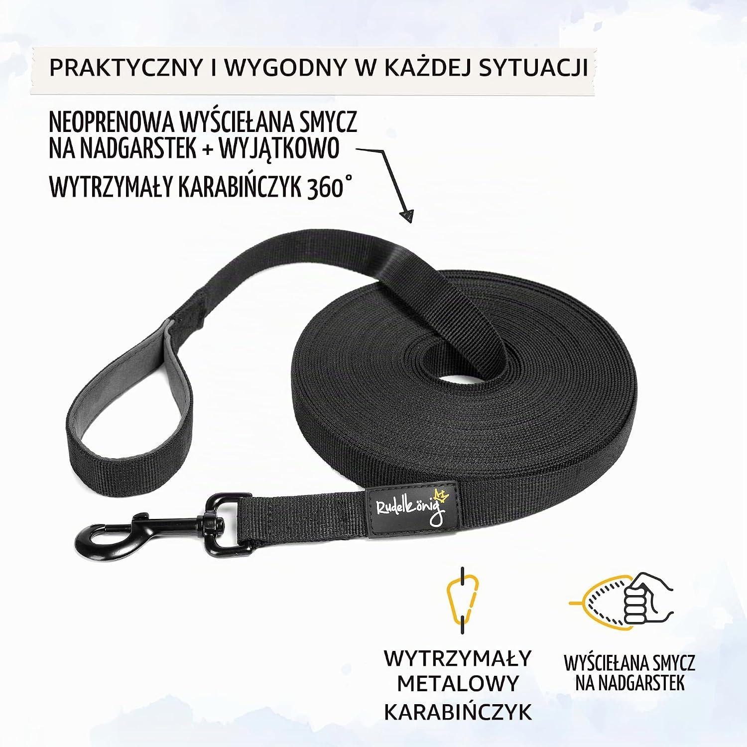 Detalle de Rudelkönig smycz treningowa dla psa 5 m z nylonu, wyściełanym uchwytem i karabińczykiem