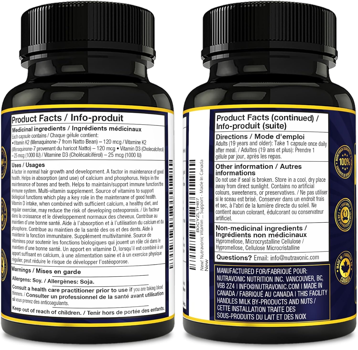Detalle 2 de Nutravonic Nutrition Vitamin D3 + K2, 1,000 IU, MK-7, 350 Capsules