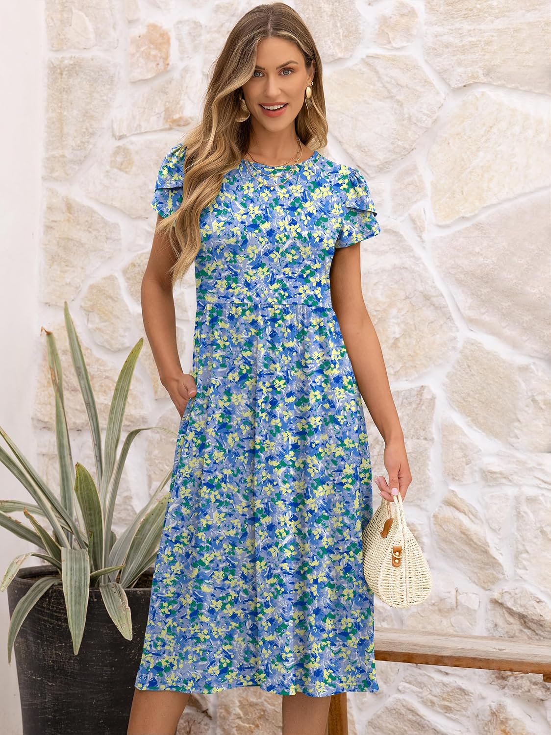 Detalle de ANRABESS Floral Midi Dress with Pockets – Beachy A-Line Sundress
