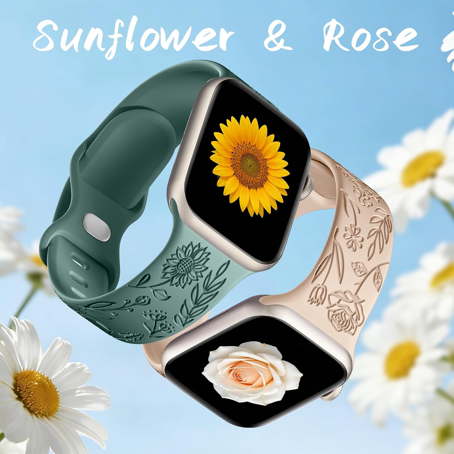 Thumbnail 3 de SNBLK 6-Pack Floral Engraved Silicone Apple Watch Bands, Sunflower & Rose