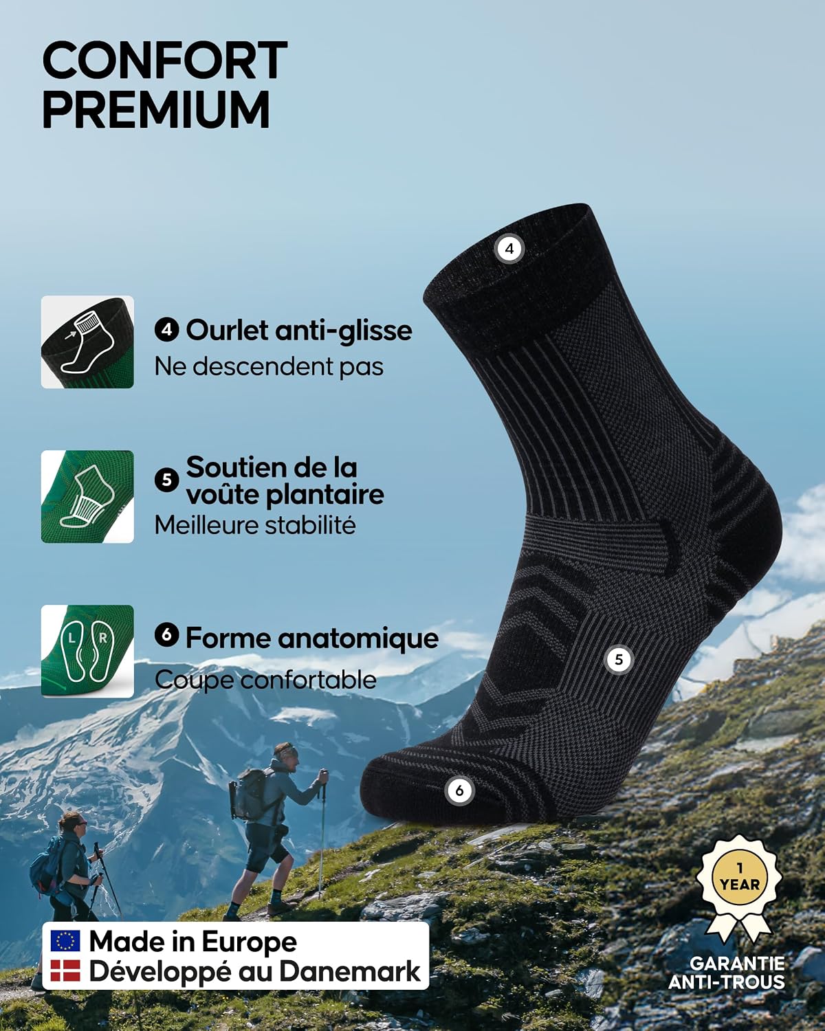 Thumbnail 2 de Danish Endurance Chaussettes de randonnée en laine mérinos avec rembourrage léger (3 & 5 paires) unisex