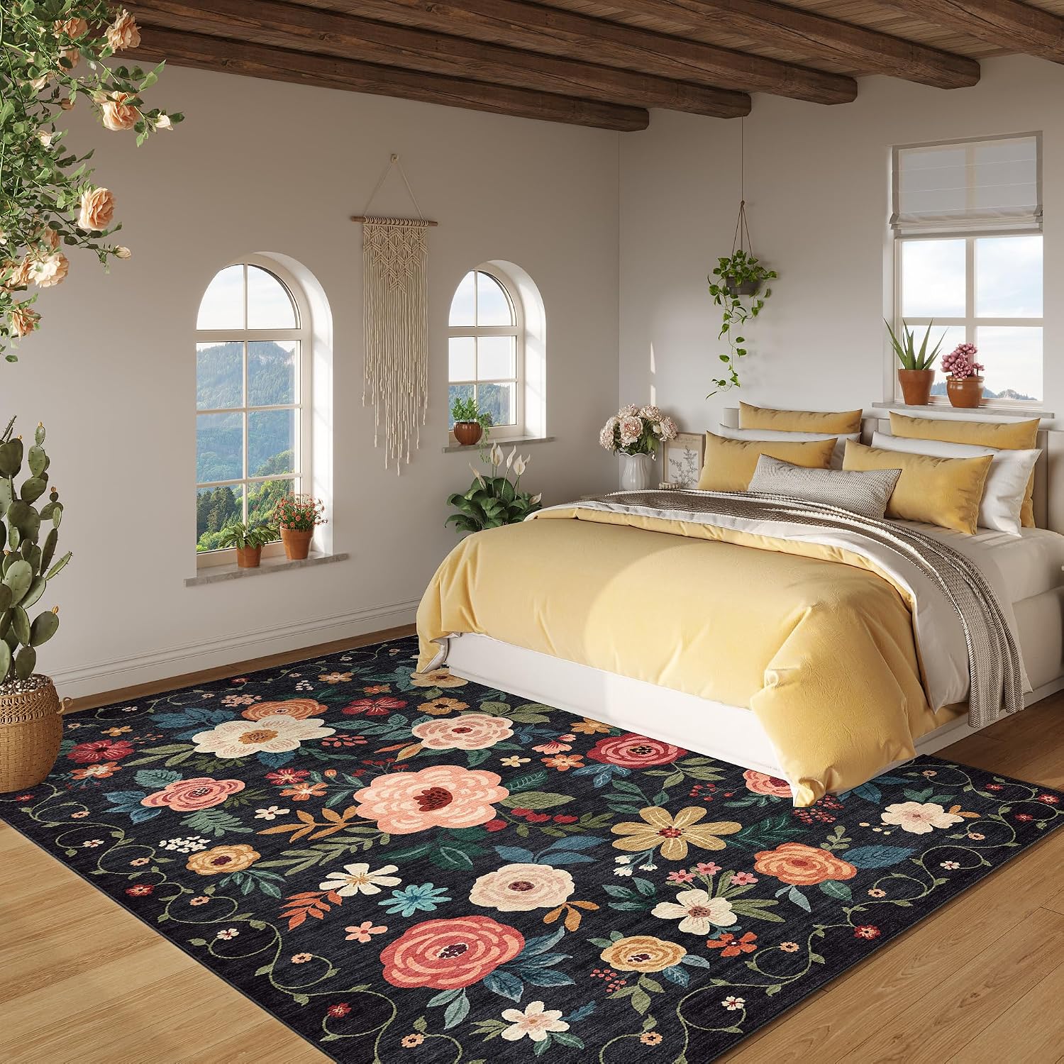 Detalle 2 de DUKINO 5x7 Floral Area Rug, Low Pile Black ๐