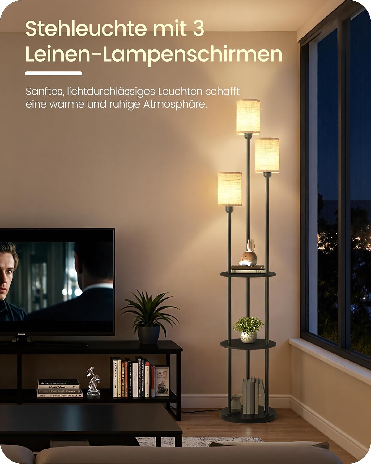 Detalle 2 de GOEBLESON Stehlampe Wohnzimmer mit Ablage – 3‑flammige Regal-Stehlampe ZE53LDD05, retro schwarz/beige