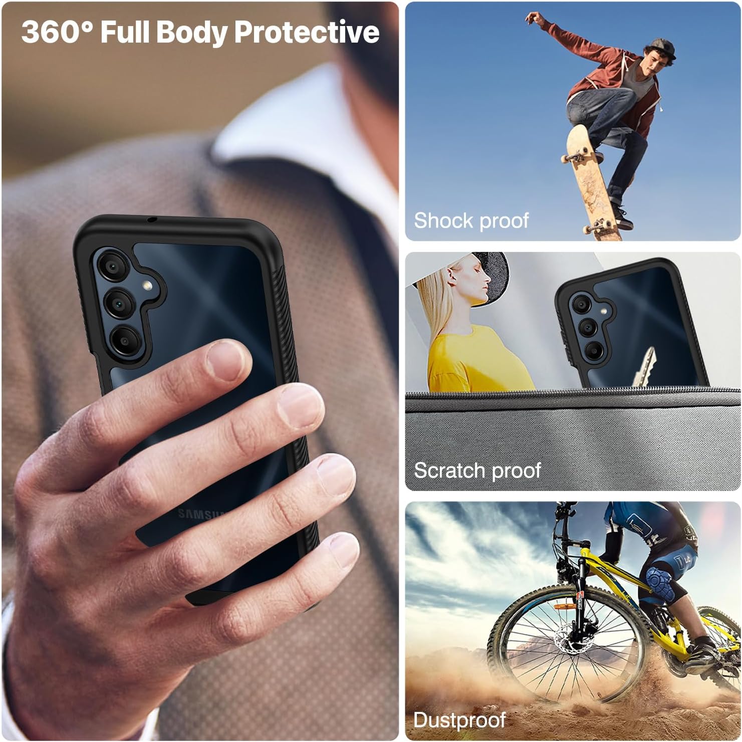 Thumbnail 4 de CENHUFO for Samsung A17 / A16 Case with built-in screen protector and 360° shockproof cover (Black/Clear)