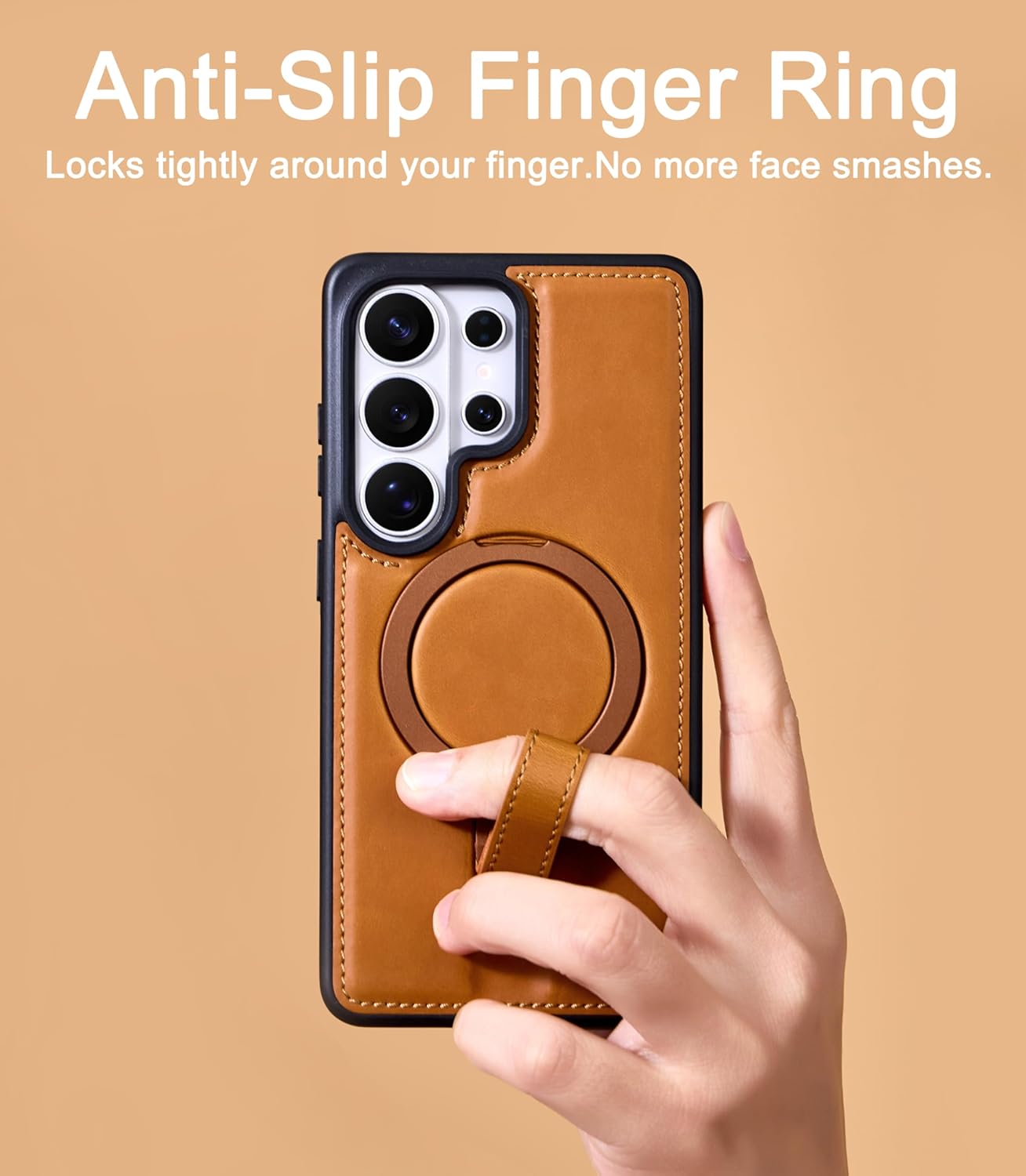 Thumbnail 2 de Butaiga Leather Case with Stand for Samsung Galaxy S26 Ultra (Brown) – Anti-Slip Grip Ring, MagSafe Compatible