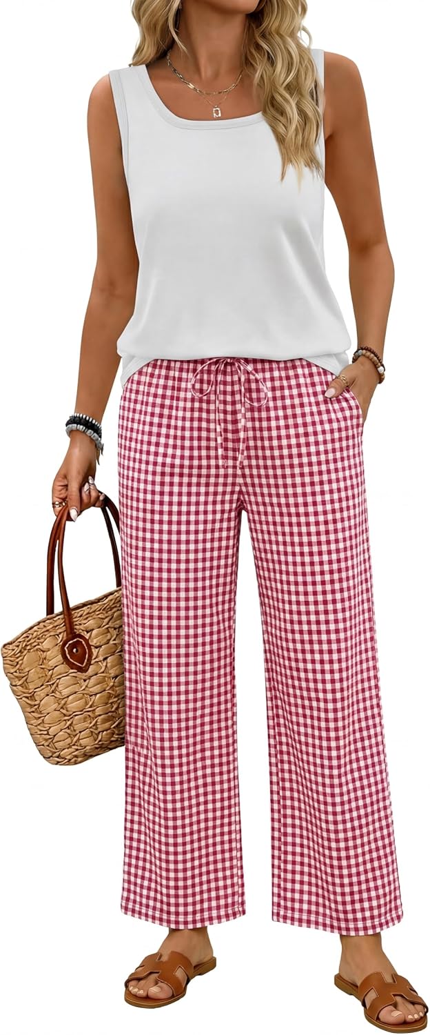 Thumbnail 6 de WIHOLL Women's Two-Piece Set: Sleeveless Tank + Wide-Leg Printed Pants