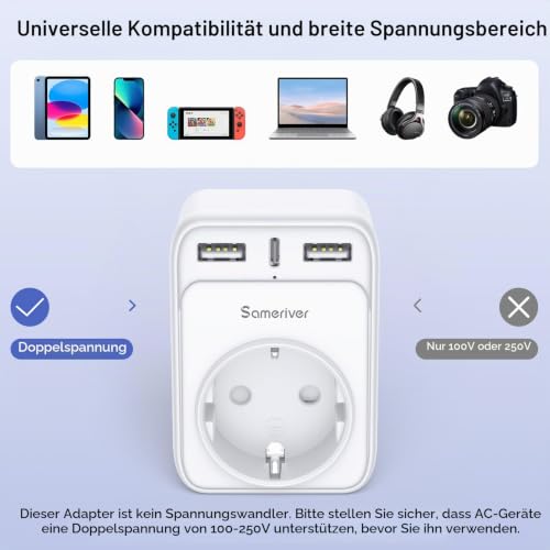 Detalle 2 de Sameriver Reiseadapter Indien – 4-in-1 Reise-Steckdosenadapter mit USB (2x USB-A, 1x USB-C) und Typ-D Anschluss
