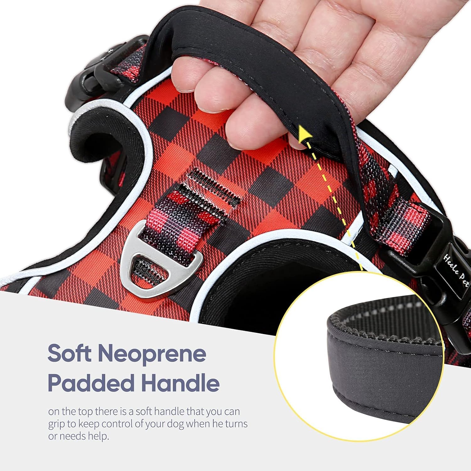 Thumbnail 6 de HEELE Small Dog No Pull Harness (Soft Handle, Reflective) – Checkered-Red, Size S