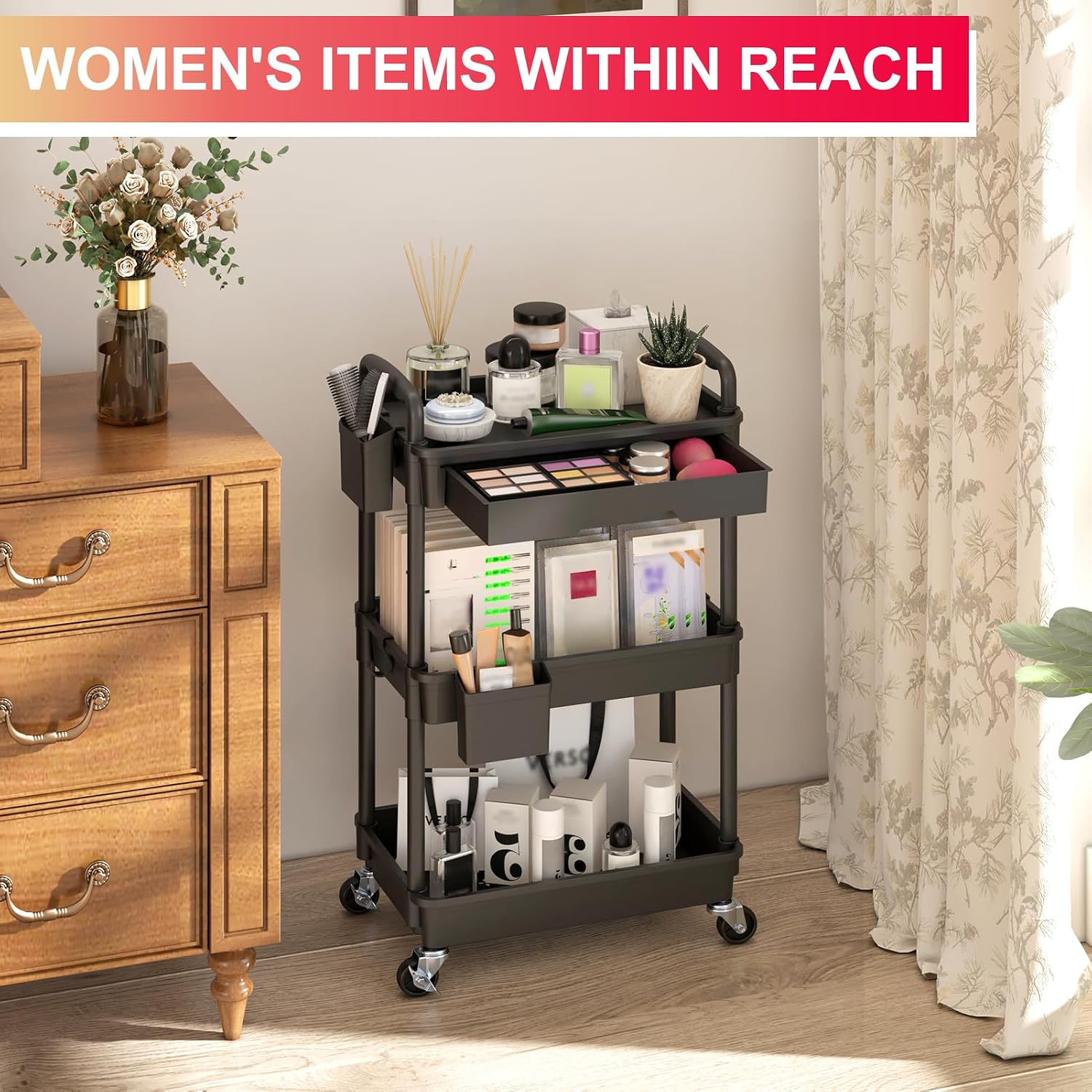 Thumbnail 4 de Goovilla GV-UC03B 3-Tier Rolling Utility Cart with Removable Drawer, Black