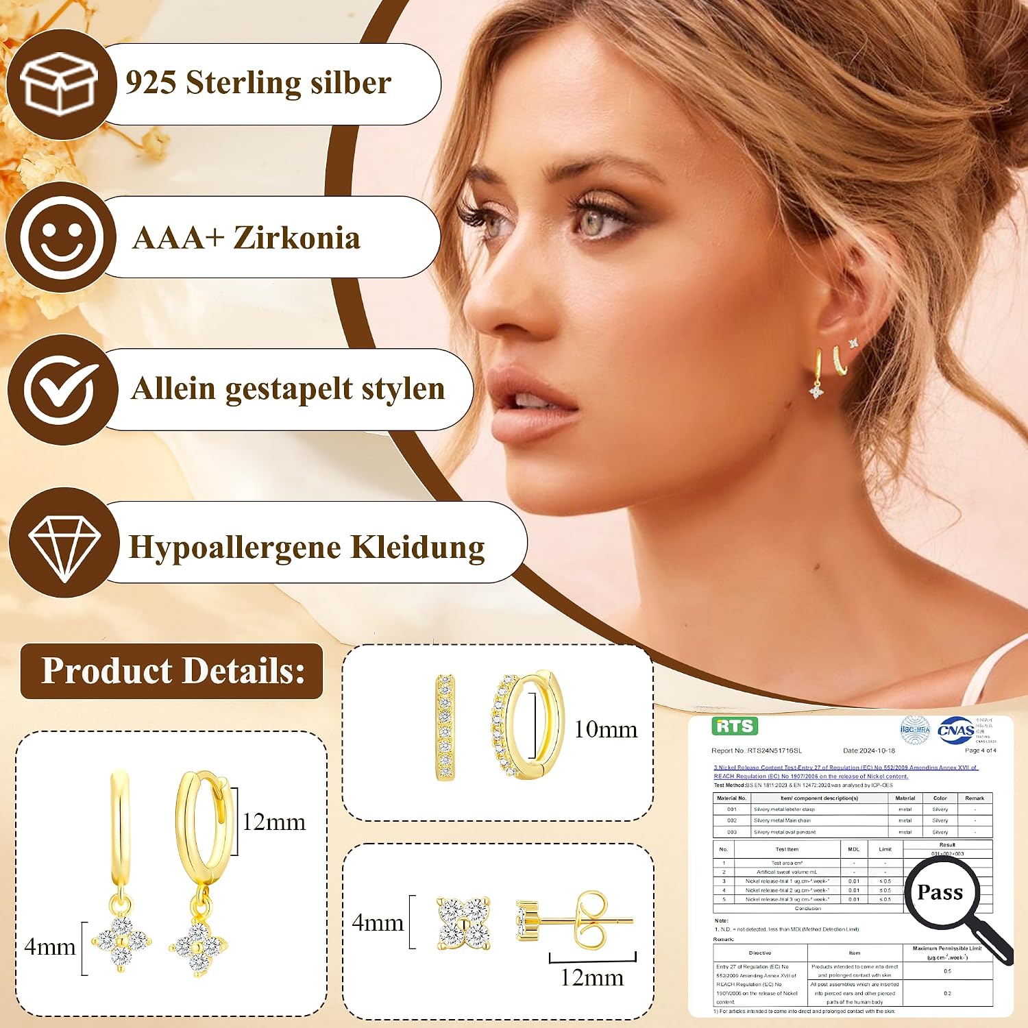 Detalle de AVOTTO 3 Paar Ohrringe Ohrstecker Silber 925 – hypoallergen & Zirkonia, Huggie Hoop Set