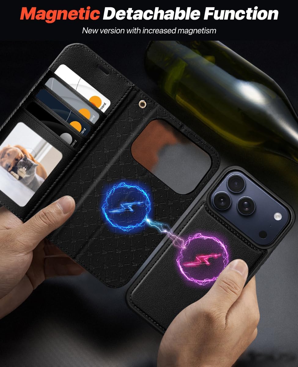 Thumbnail 3 de OCASE Handyhülle für iPhone 17 Pro Max – 2-in-1 Magnetische Premium PU Leder Hülle mit Kartenfach, RFID-Schutz und Standfunktion (Schwarz, Litschi)