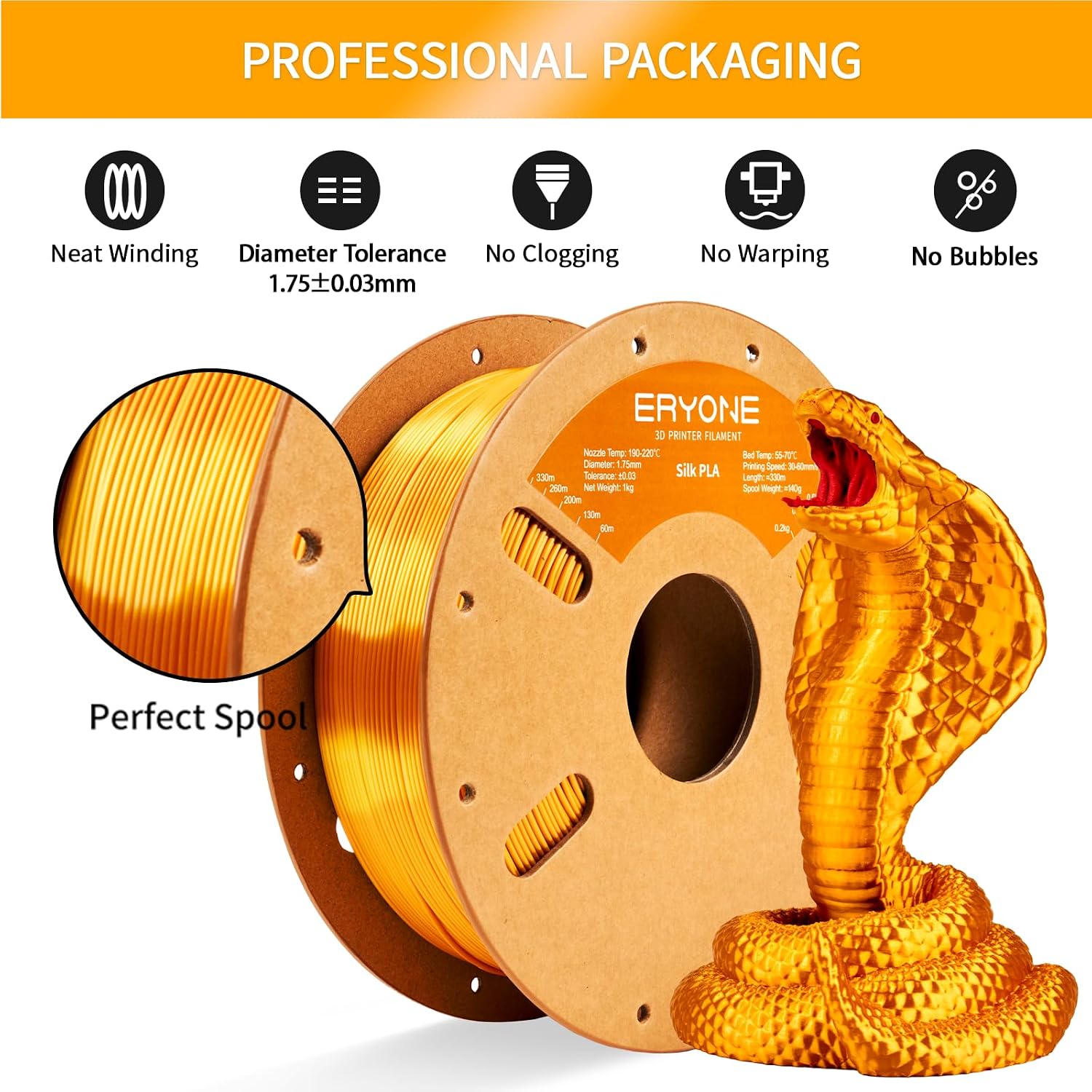Detalle 2 de ERYONE Silk Color PLA Filament, 1.75 mm, Silk Glod, 1 kg