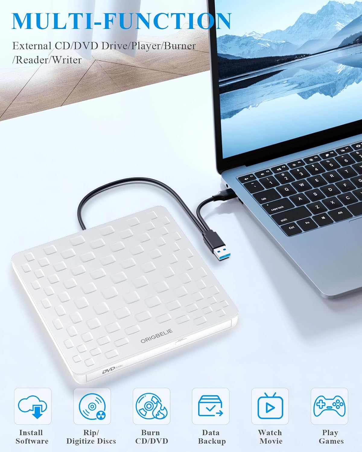 Detalle 2 de ORIGBELIE External CD/DVD Drive for Laptop – Ultra-slim 13mm USB 3.0 Type-C Portable Burner/Reader (White)