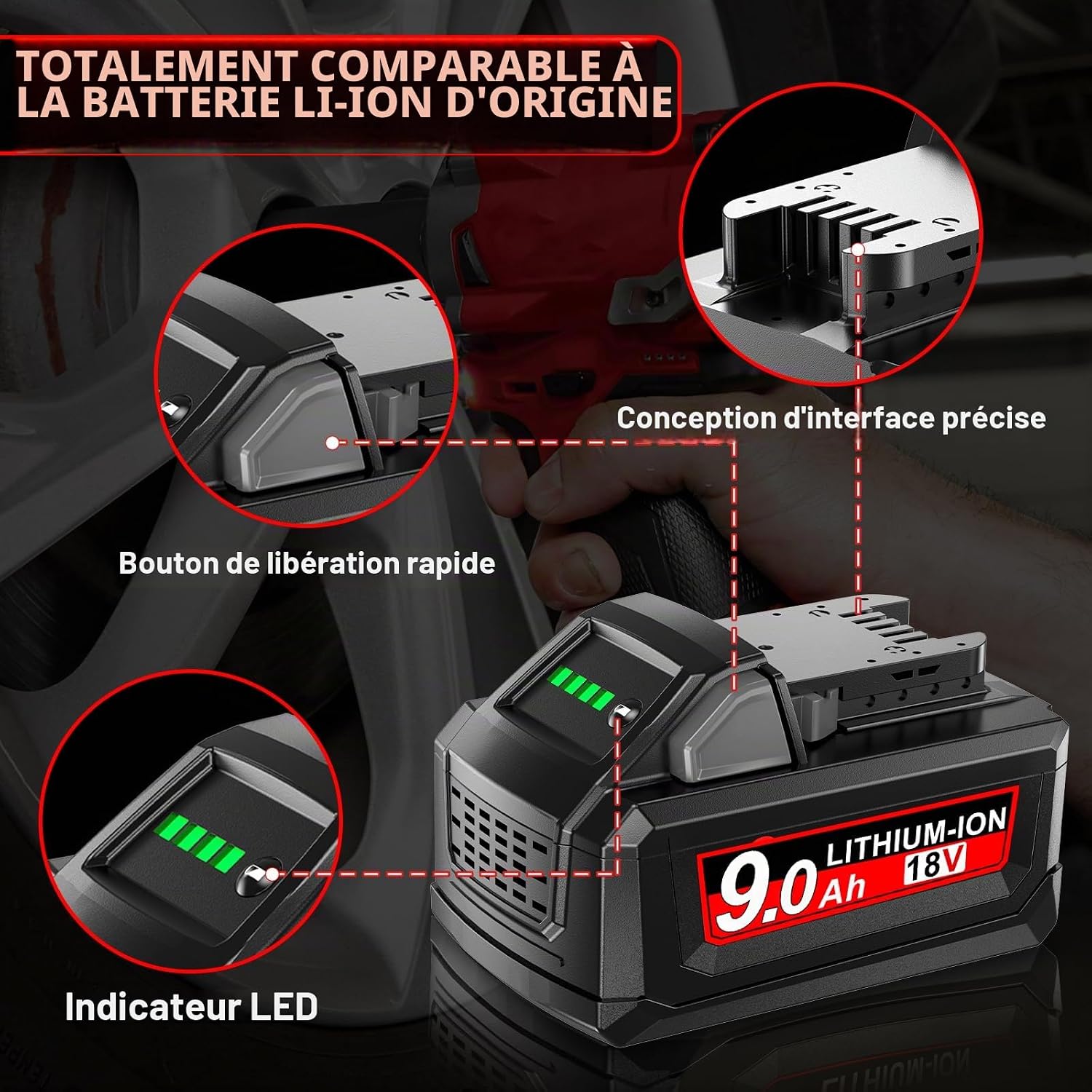 Detalle de POWTREE 2 x 9,0 Ah accu voor Milwaukee M18, 18 V met ledindicator