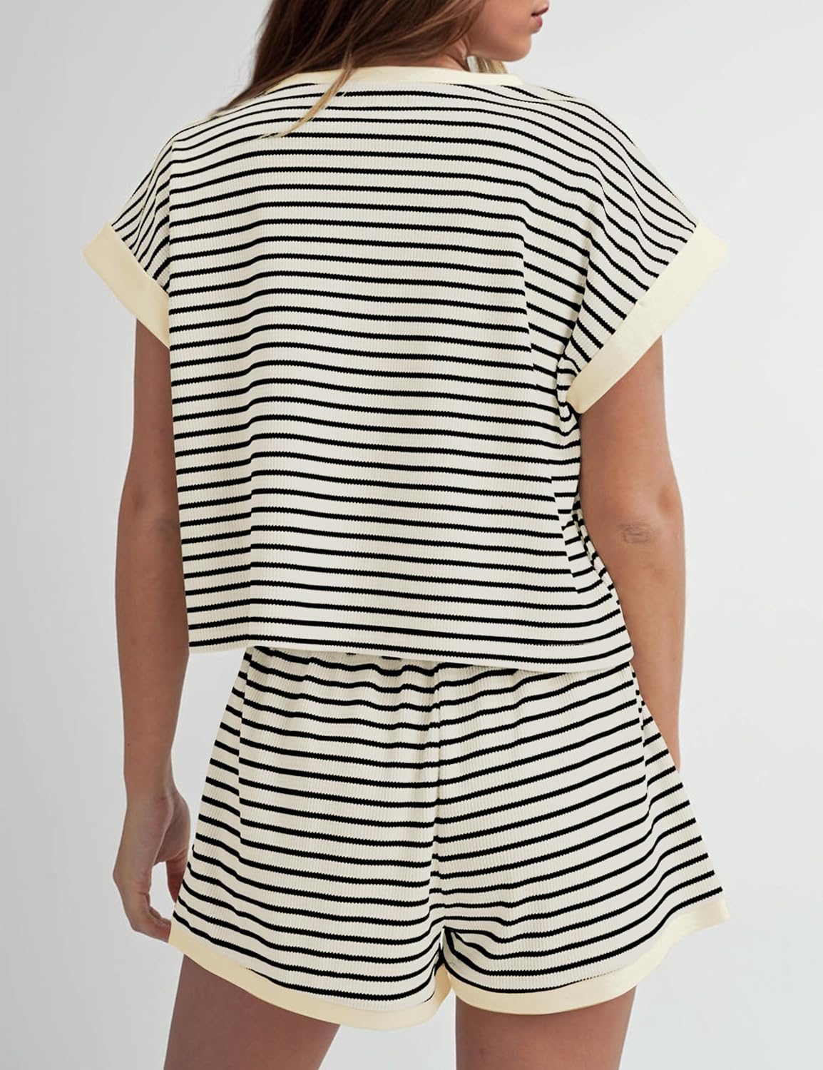 Thumbnail 1 de MISSACTIVER 2 Piece Lounge Set for Women – Stripe Knit Short Sleeve Tee + Elastic Waist Shorts