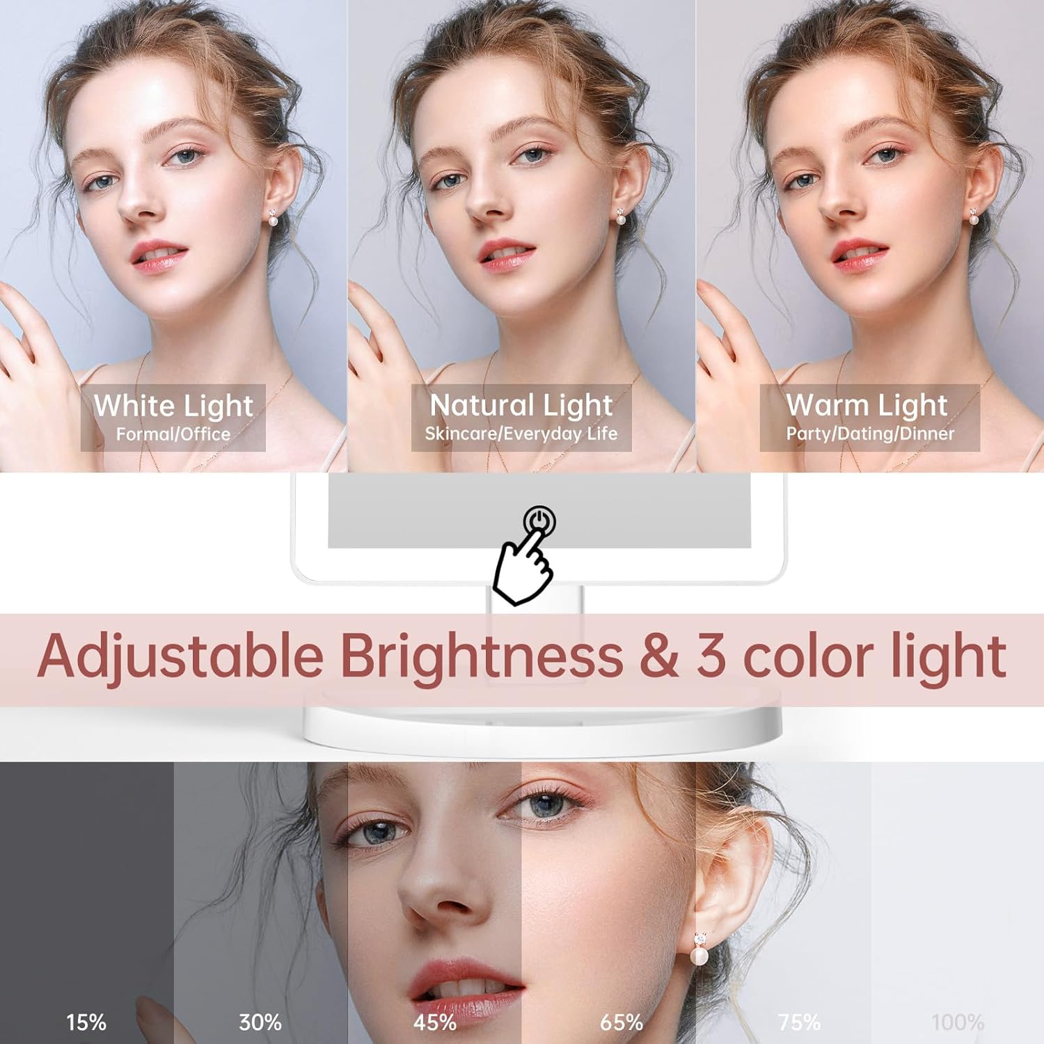 Detalle de FUNTOUCH Großer Schminkspiegel mit Beleuchtung (XL) – 10x Vergrößerung, 88 LEDs, 360° Drehbar