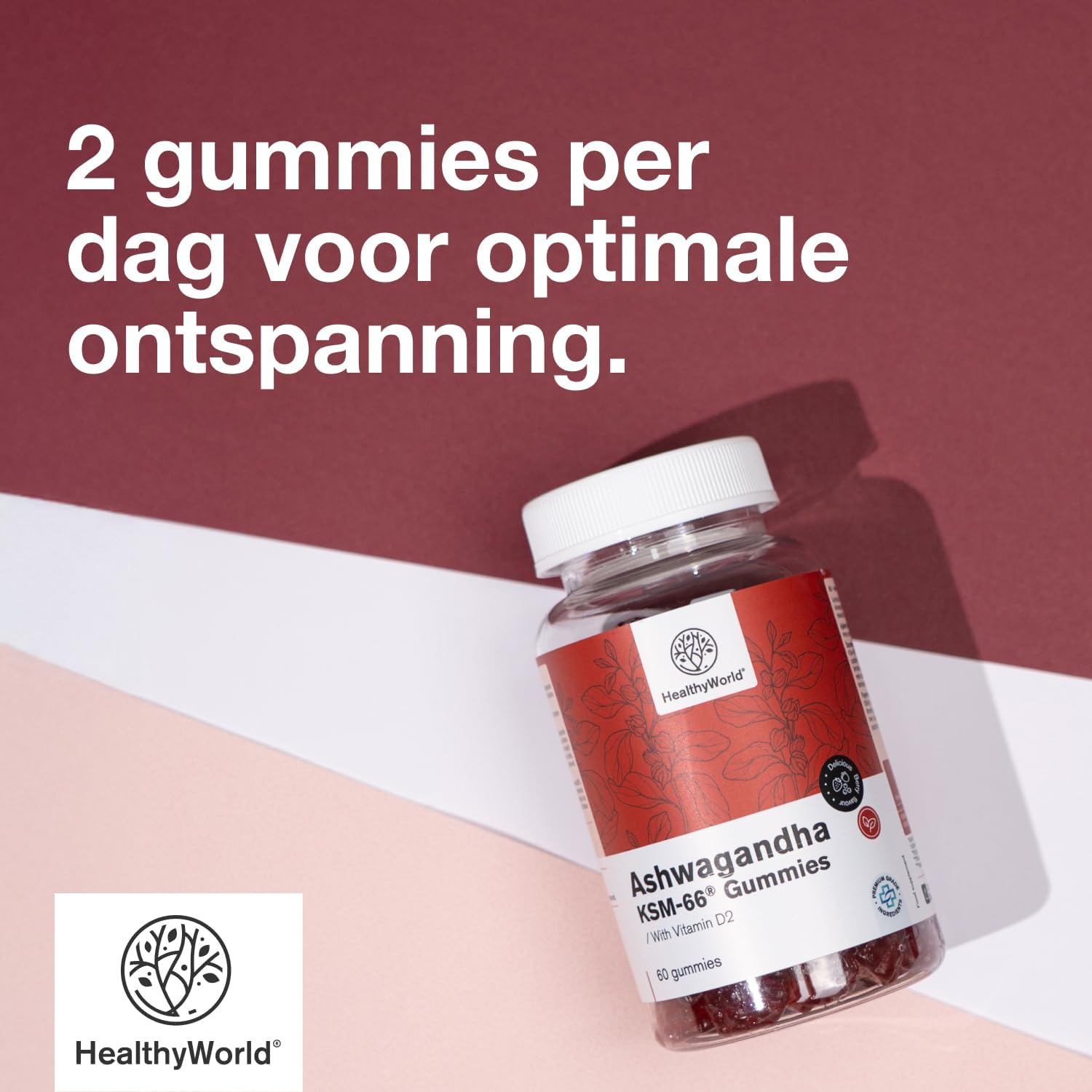 Detalle 2 de HealthyWorld Ashwaganda KSM-66® 300 mg gummies met vitamine D2 en bosvruchtensmaak