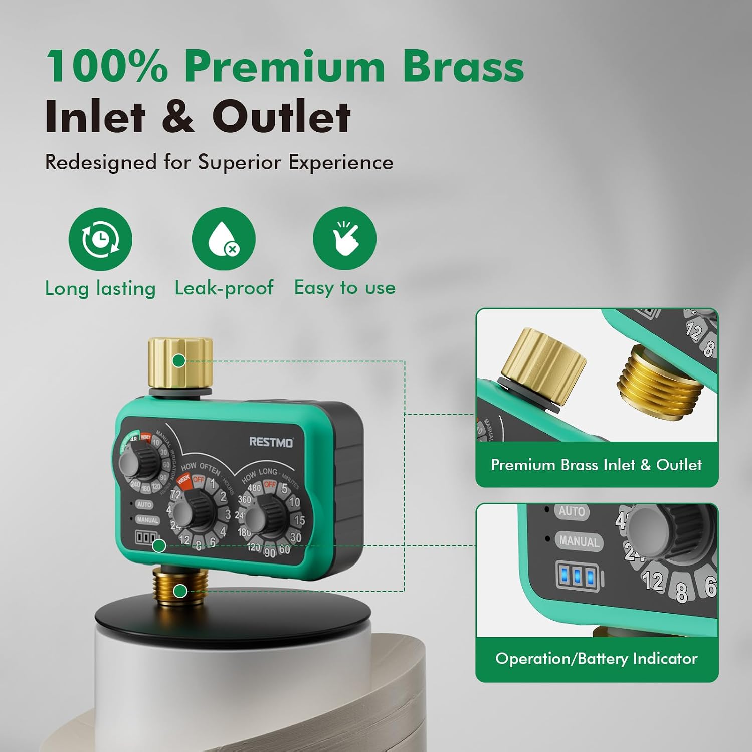 Detalle 2 de Restmo 3-Dial Analog Water Timer with Brass Inlet & Outlet (480 Minutes Max)