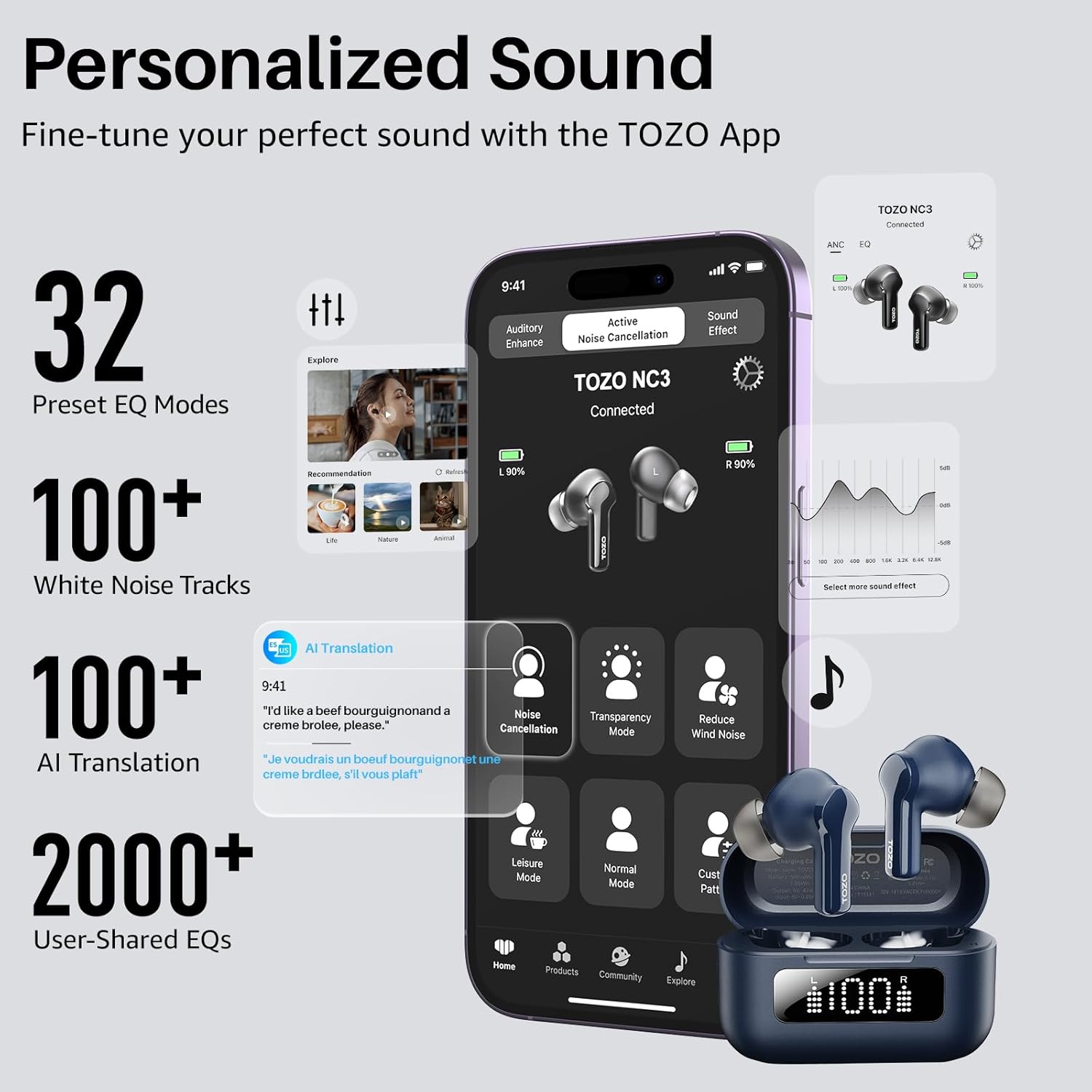 Thumbnail 5 de TOZO NC3 Hybrid ANC Wireless Earbuds with 6 Mics, AI Clear Call & 55H Playtime