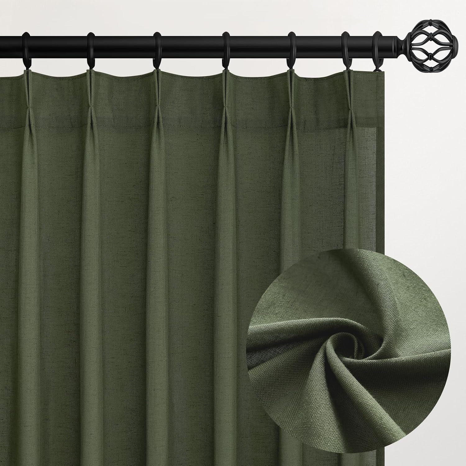 Detalle de Topfinel Olive Green Linen-Blend Pinch Pleat Curtains, 84-Inch, Light-Filtering