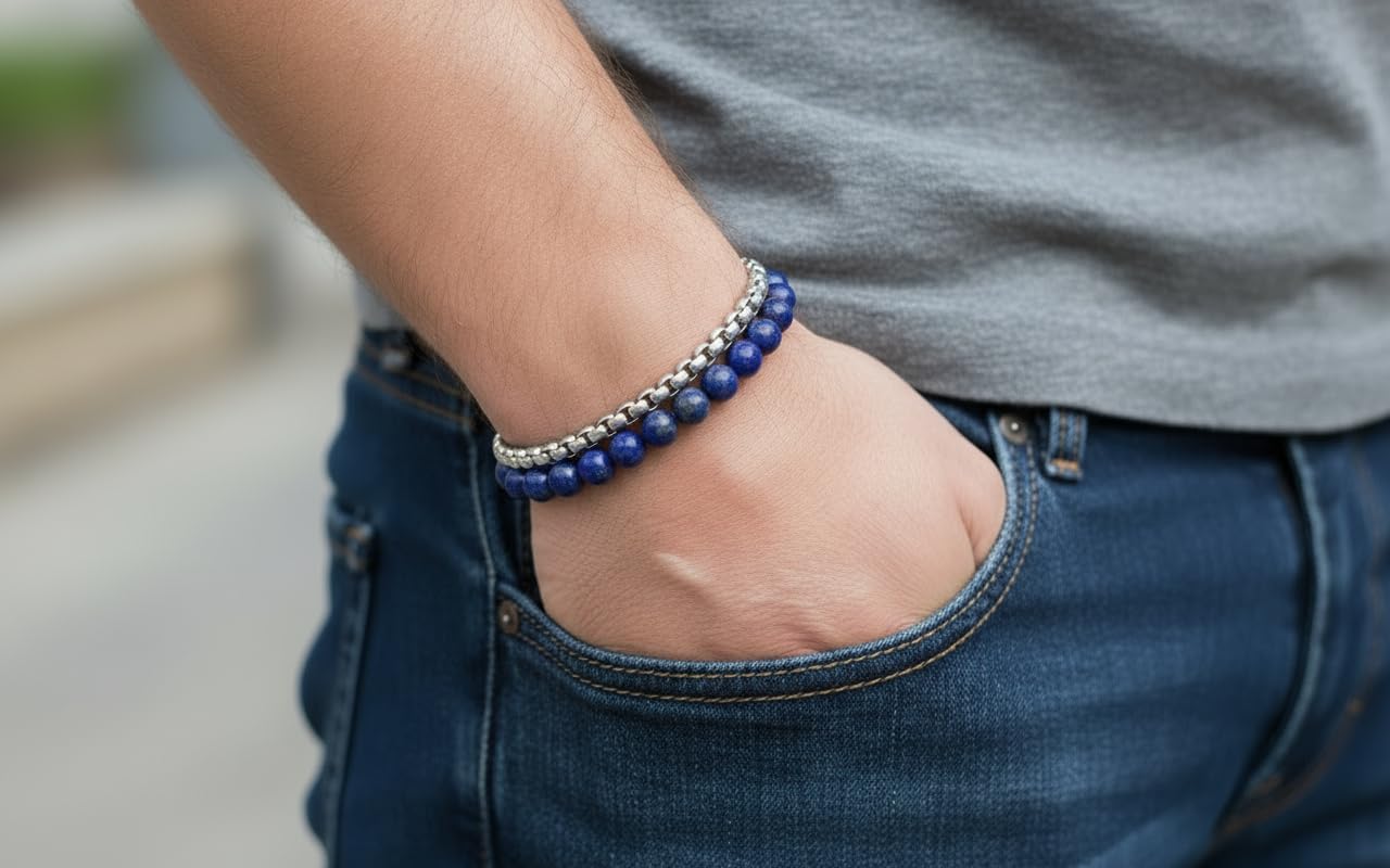 Detalle de 10:10 Bracciale Unisex Pietre Naturali 6 mm — Catena Veneziana in Acciaio Inox Lucido, Made in Italy