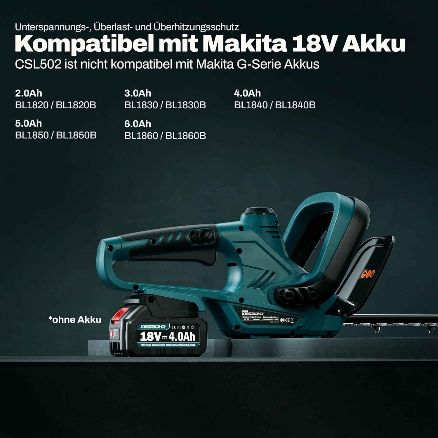 Detalle de KIESBOHR Garten Akku-Heckenschere CSL502 – kompatibel mit Makita 18V Akkus, 51 cm Schnittlänge, 16 mm Zahnabstand