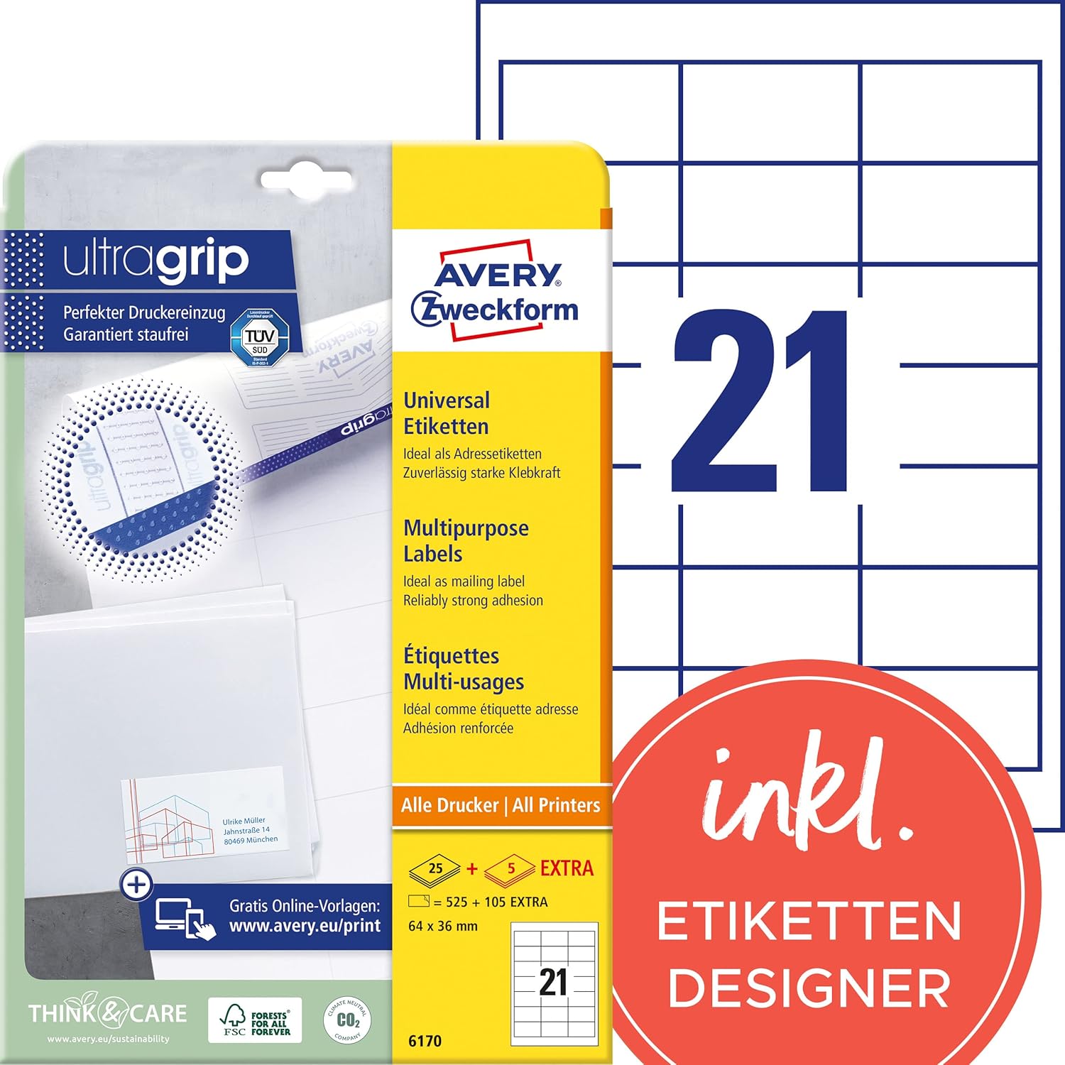 Thumbnail 1 de AVERY Zweckform 3670 Adressaufkleber – 2.100 ultragrip blanko Etiketten (64 x 36 mm) auf A4, matt, weiß