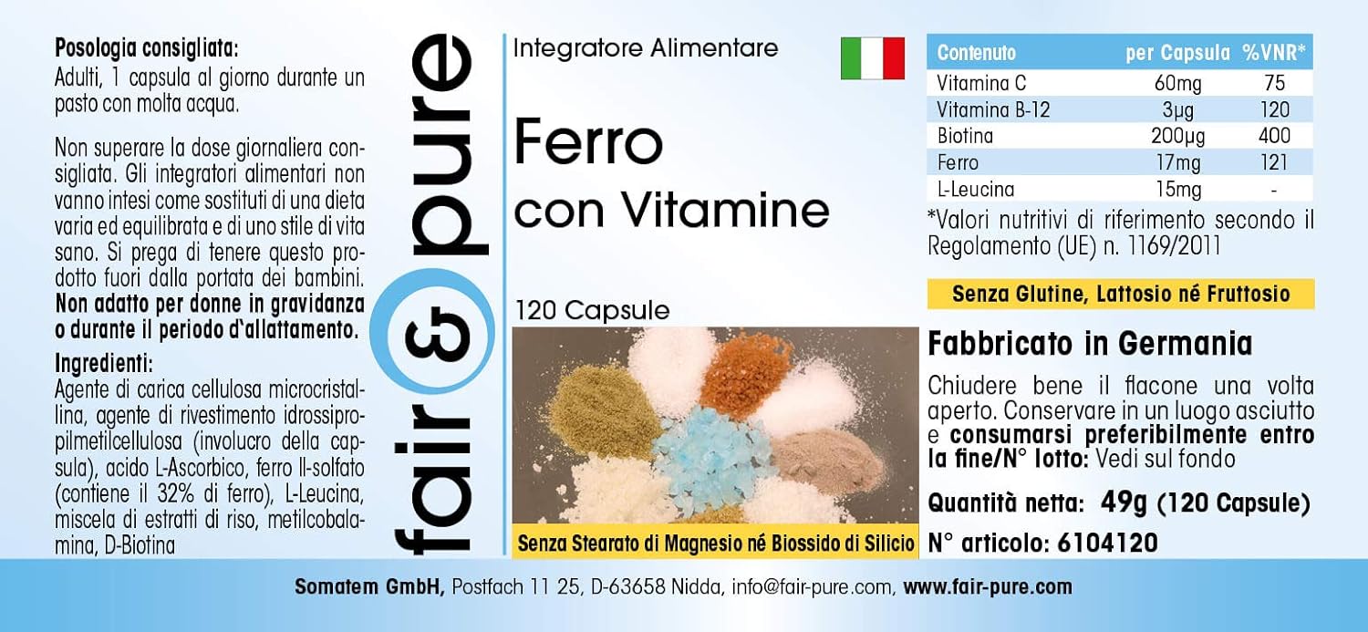 Detalle de Fair & Pure Eisen mit Vitaminen, 120 Kapseln – schluckfreundlich, vegan, hergestellt in Deutschland