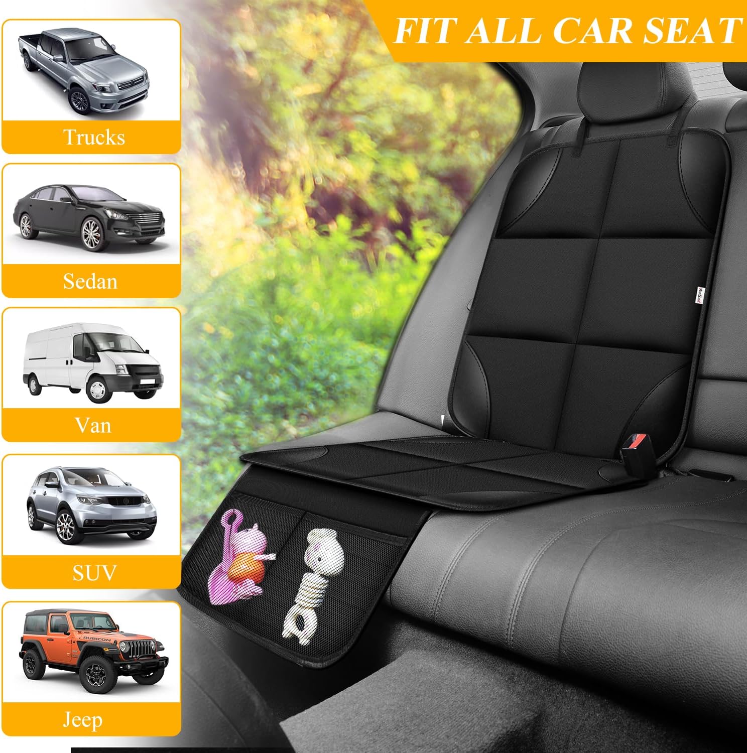 Detalle de Meolsaek Car Seat Protector for Child Car Seat: Durable 600D Waterproof Cover with Thick Padding and Non-Slip Backing