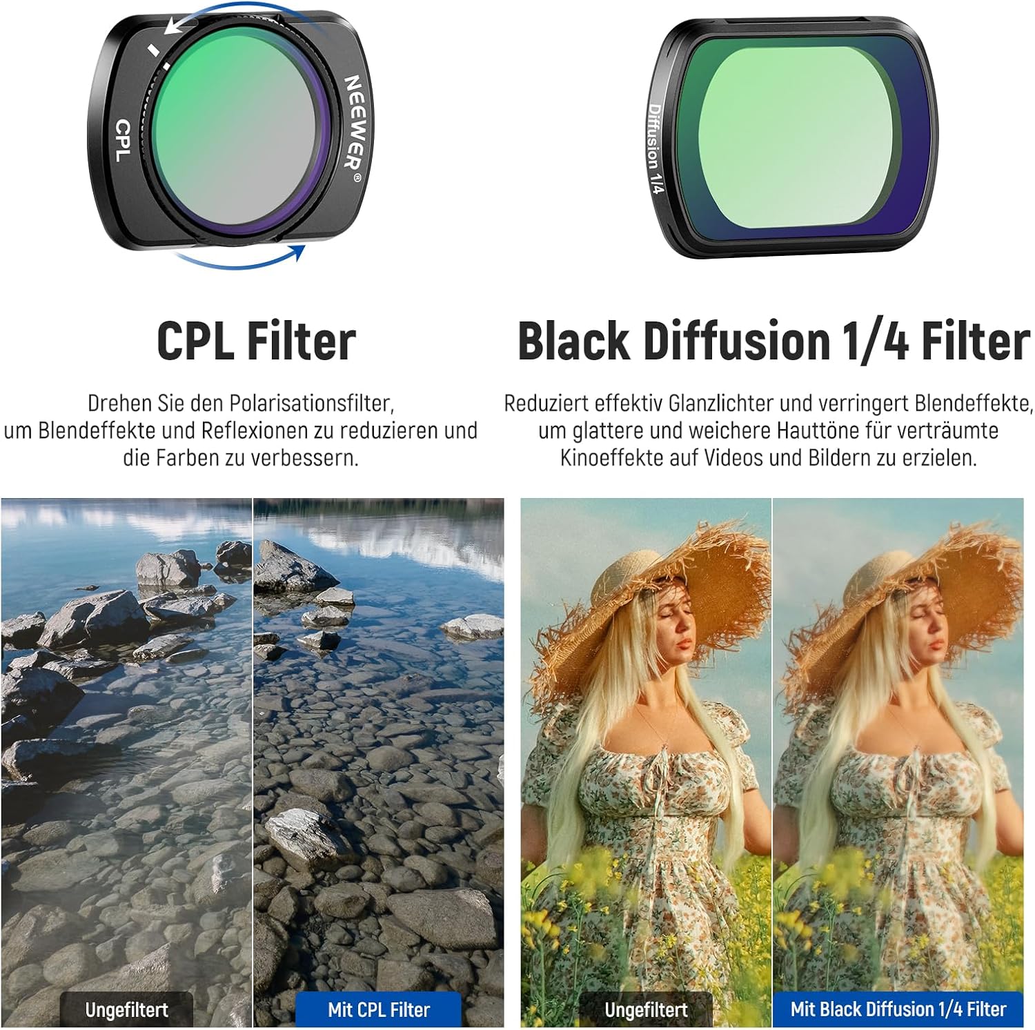 Thumbnail 5 de NEEWER ND-Filter-Set für DJI Osmo Pocket 4/3 Creator Combo: variabler ND2-32, CPL, Black Diffusion & Weitwinkel