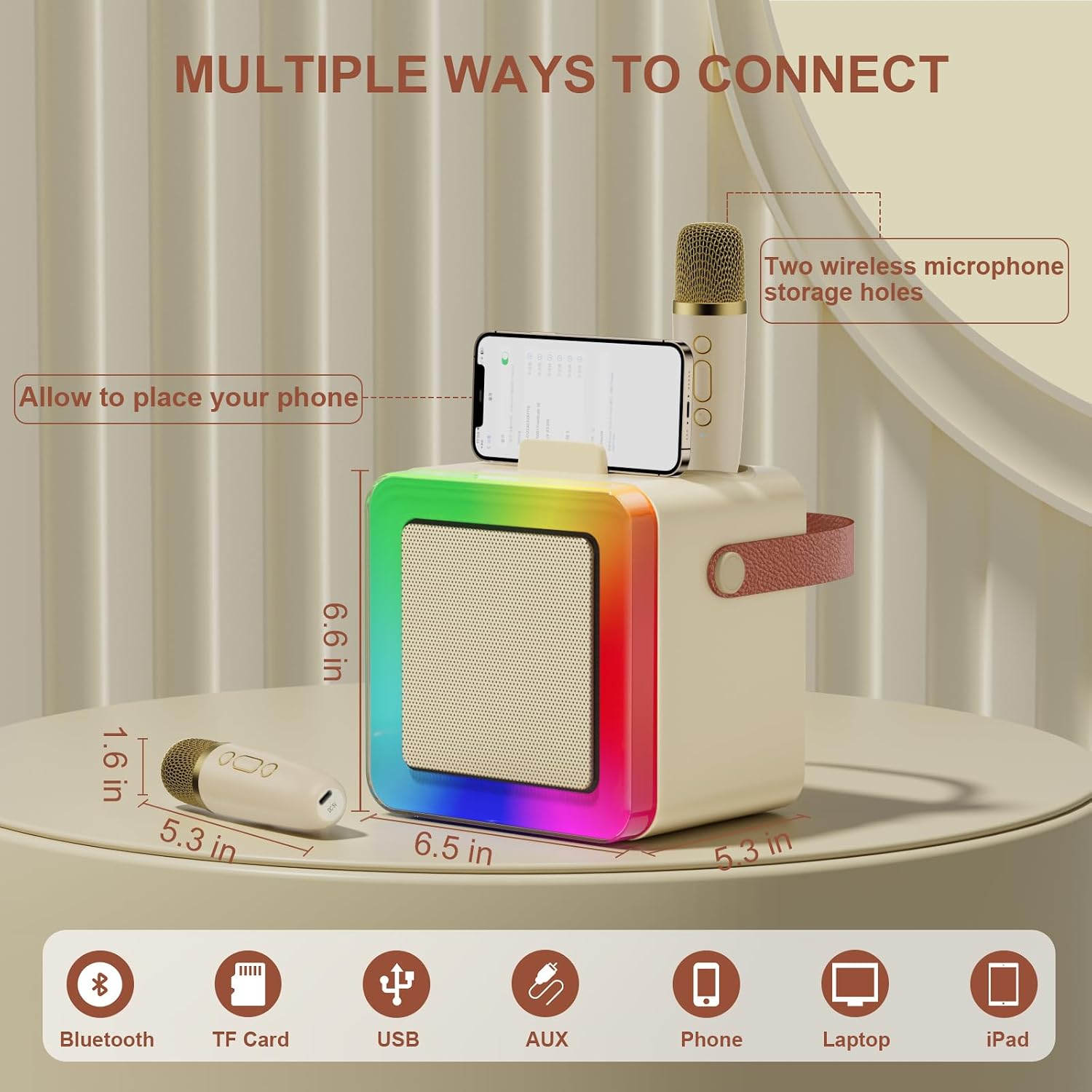 Detalle de JAUYXIAN D55-T Mini Karaoke Machine with Bluetooth, 2 Wireless Microphones and Lights