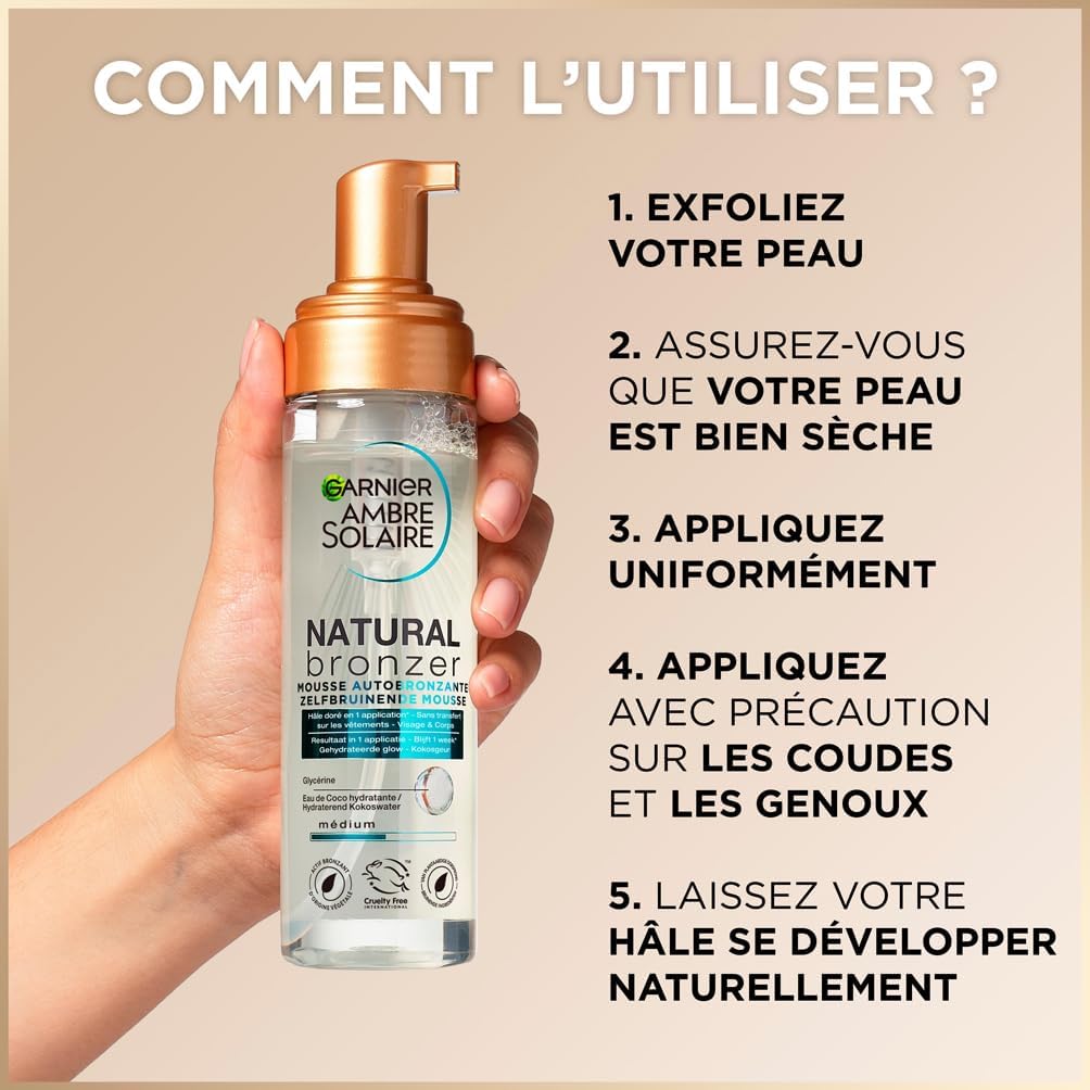 Detalle de GARNIER Ambre Solaire Natural Bronzer Mousse Autobronzante Hydratante – Visage & Corps, 200 ml