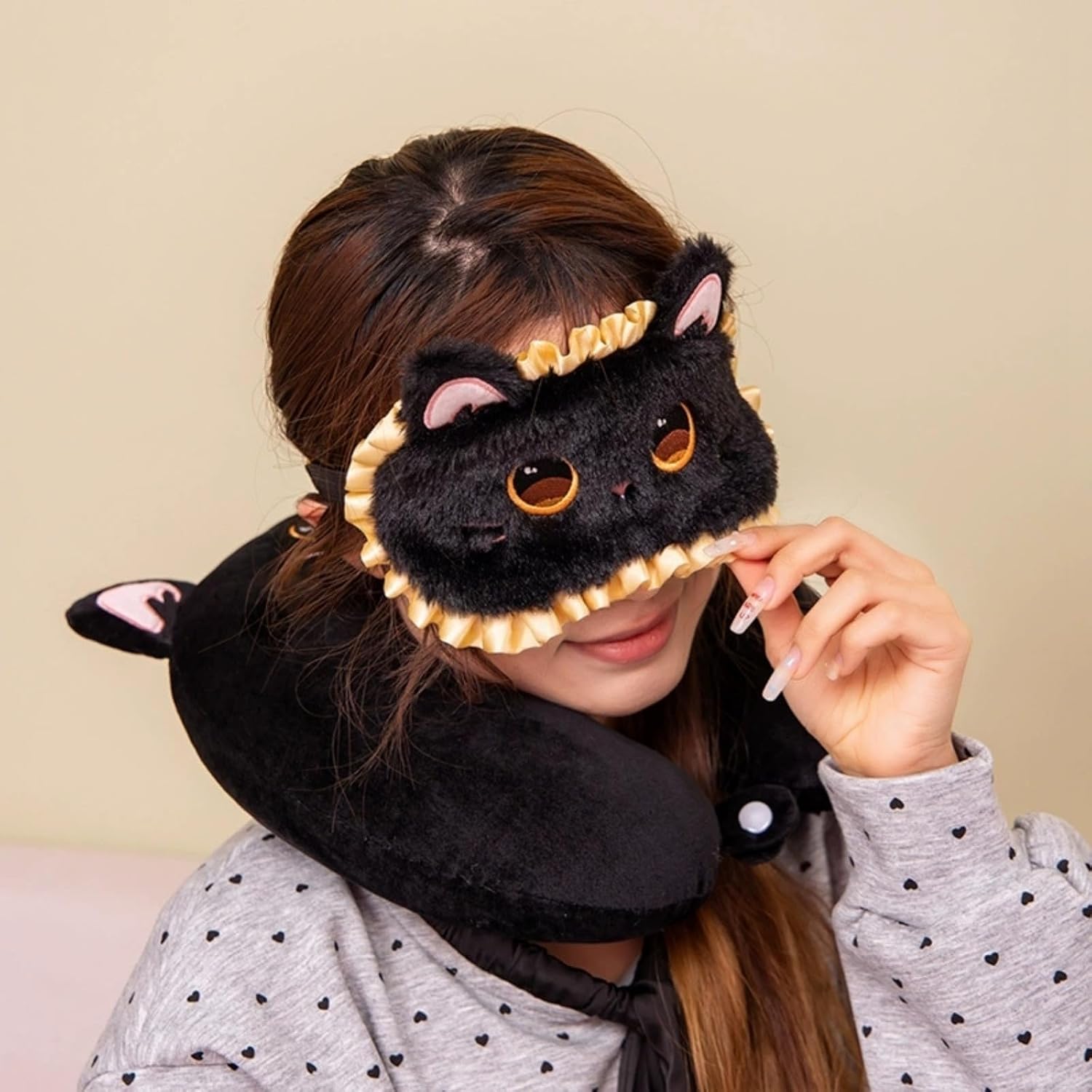 Thumbnail 4 de TROYSINC Karikatur Reisekissen mit Augenmaske – 360° Nackenstütze aus Memory-Schaum & Baumwolle, Schwarz Katze