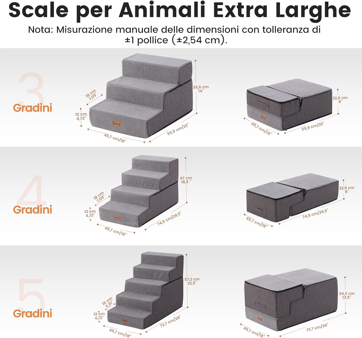 Detalle de Gardner Pet Scala per Cani Piccola taglia a 3 gradini in schiuma 35D, rivestimento impermeabile e antiscivolo – Grigio