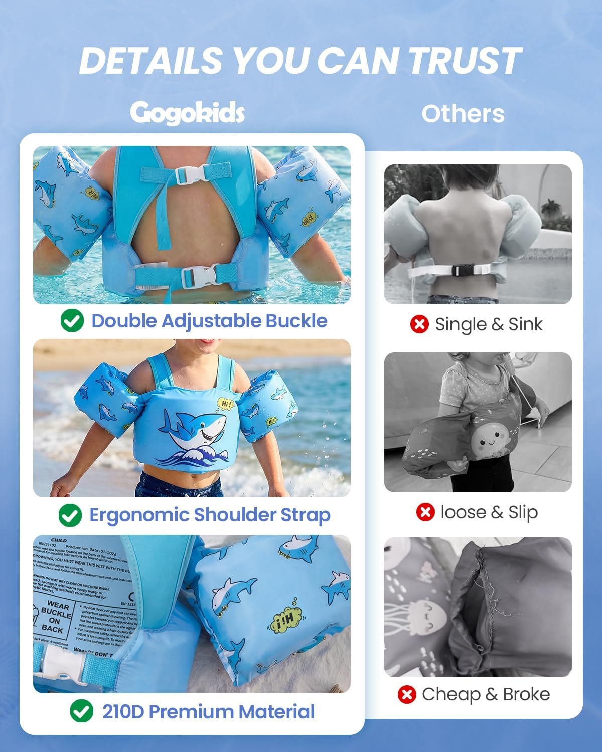 Detalle 2 de Gogokids Toddler Swim Vest for Kids 24–66 lbs (ASTM F963-17 / CPSIA) — Adjustable Swim Jacket Water Wings