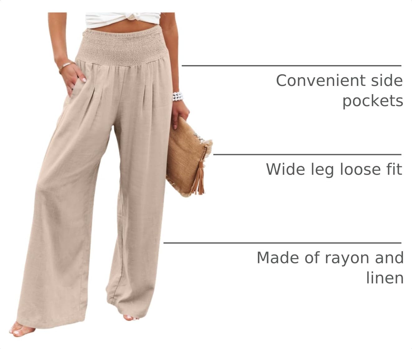 Detalle de ANRABESS Women Linen Palazzo Pants: High-Waist, Wide-Leg Linen Lounge Pants