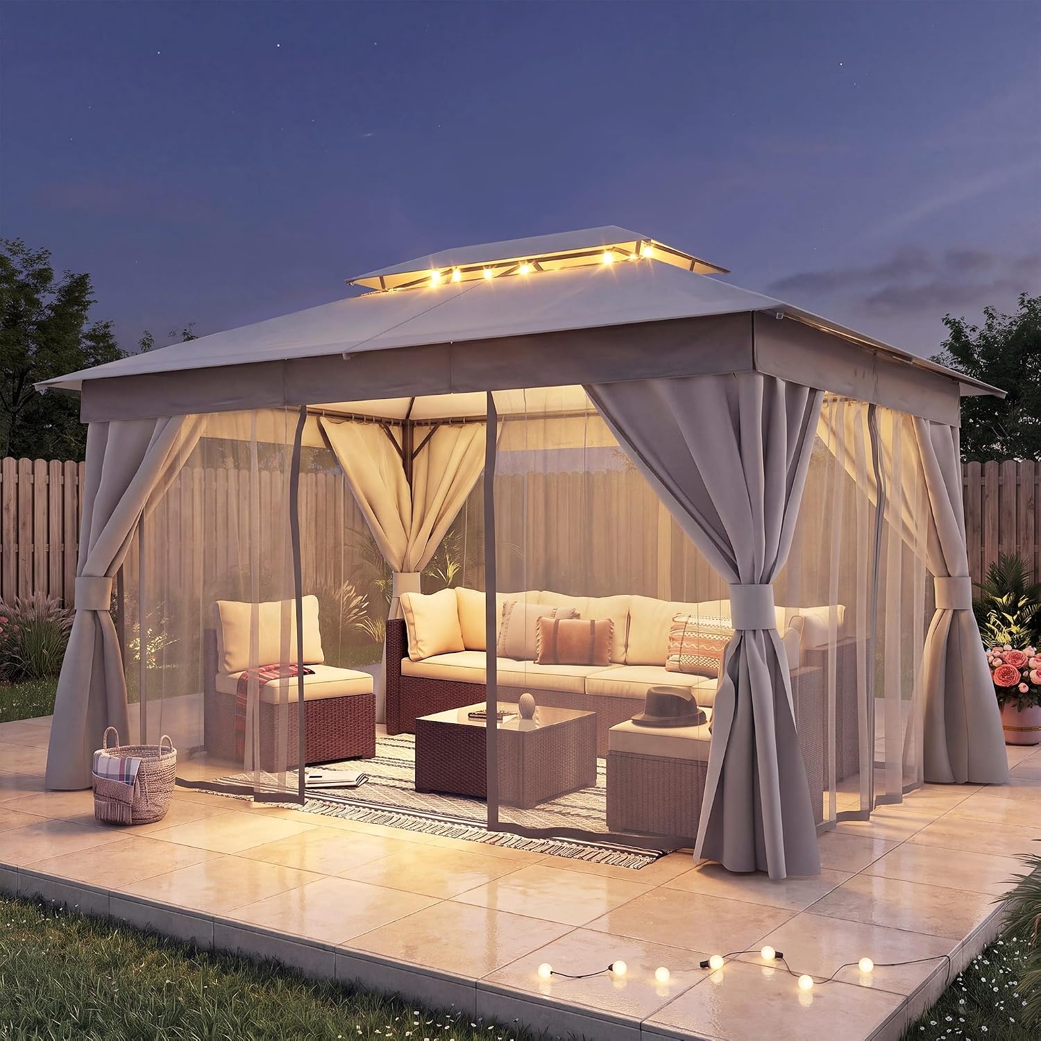 Detalle de LAUSAINT HOME 10x13 Gazebo Canopy with Double Roof, Netting & Curtains