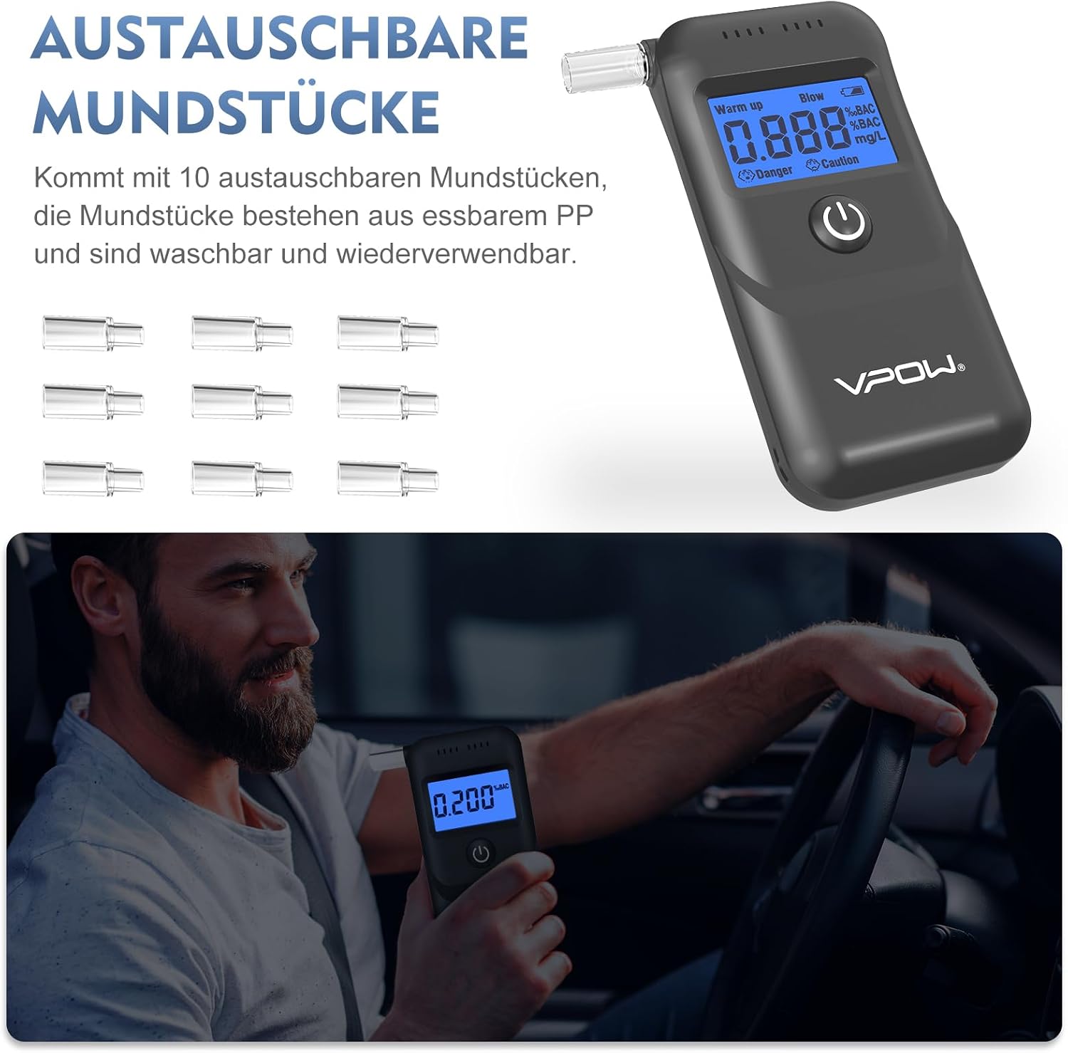 Thumbnail 6 de VPOW Breathalyzer Alcohol Tester 0.1% BAC