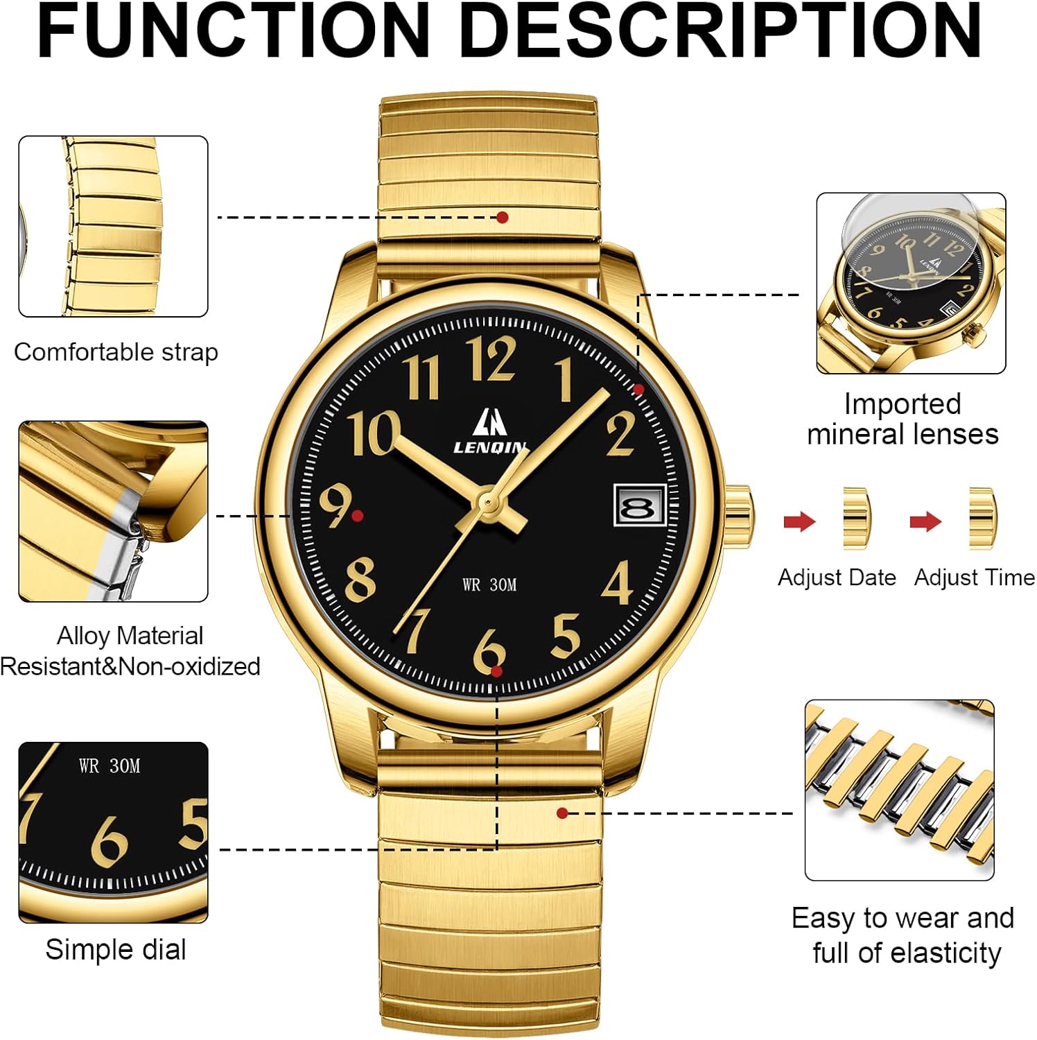 Detalle 2 de LN LENQIN Ladies Analog Quartz Watch with Stainless Steel Expansion Band (3 ATM Waterproof)