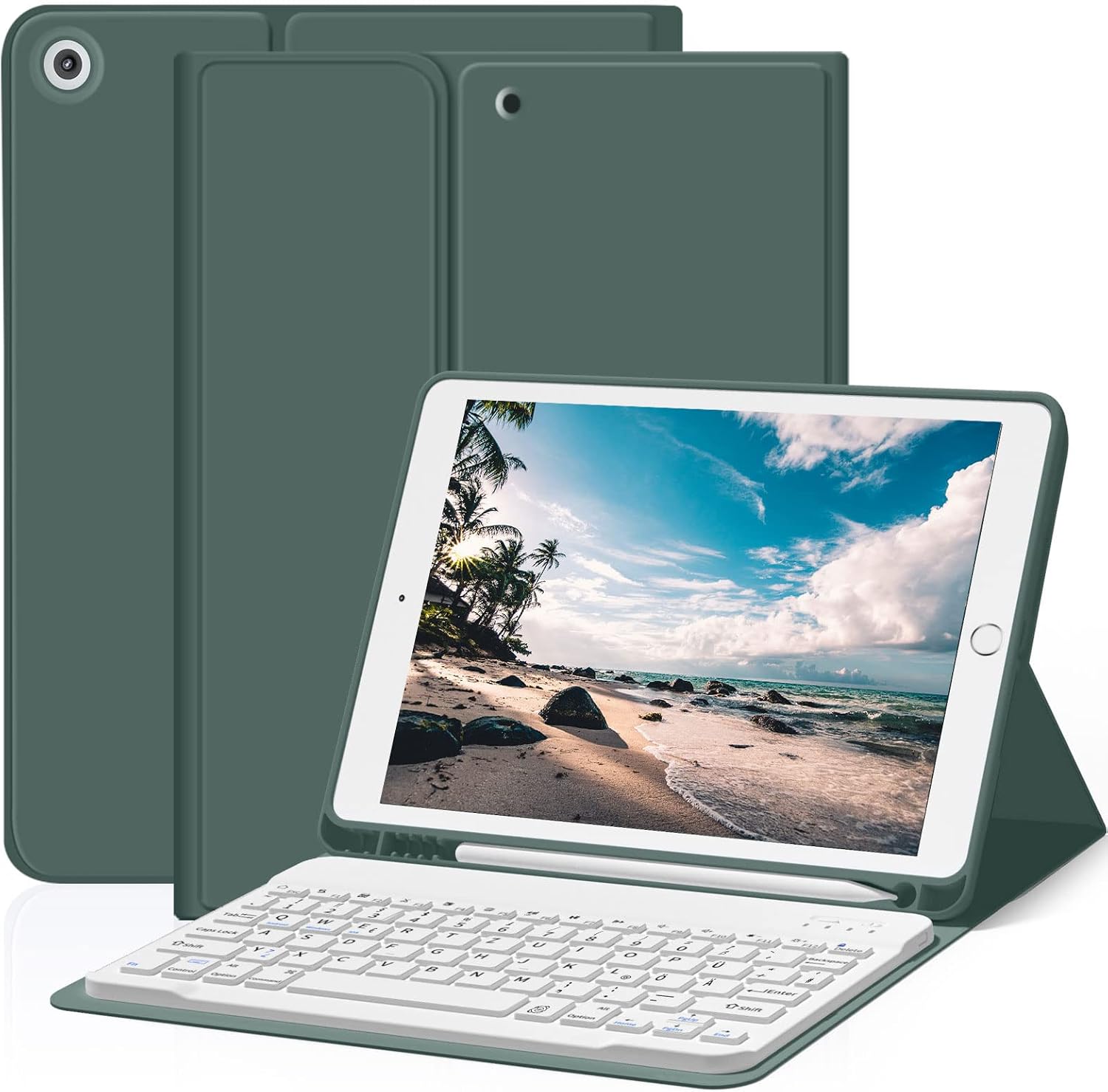 Detalle de ZOYU Hülle mit Tastatur für iPad 9/8/7 (10,2 Zoll) – QWERTZ Bluetooth-Folio in Dunkelgrün
