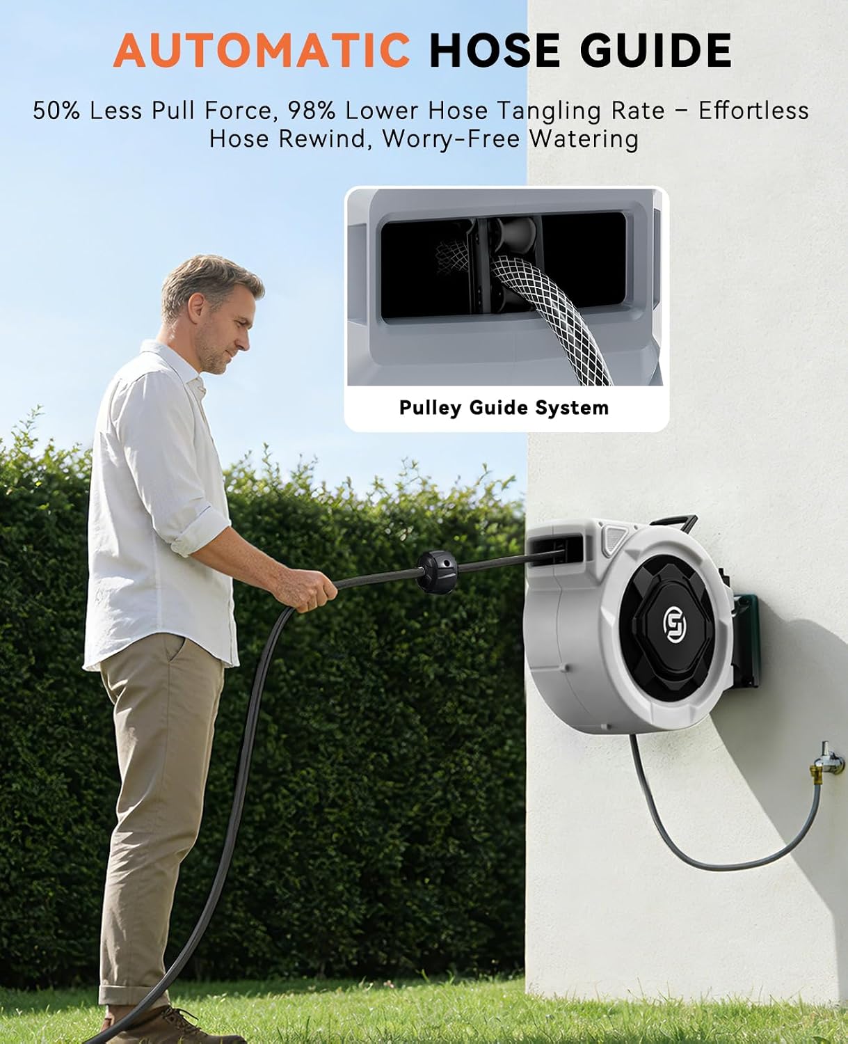 Detalle de SUNPOW Retractable Garden Hose Reel, 1/2 in x 100 ft, 10-Pattern Nozzle