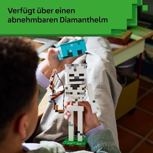 Detalle de LEGO Minecraft Das Skelett – Mob Figur mit Diamanthelm, Bogen & Pfeil, Grasbasis (21594)