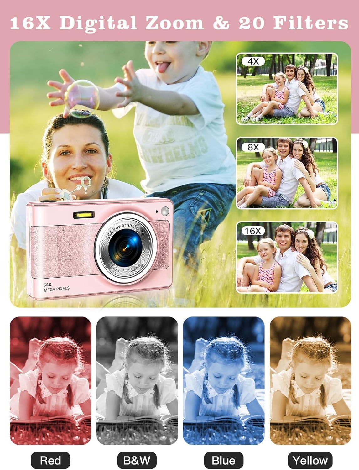Thumbnail 2 de Kids digital camera (56MP, FHD 1080P) with 16X zoom, anti-shake and 32GB TF card – Pink