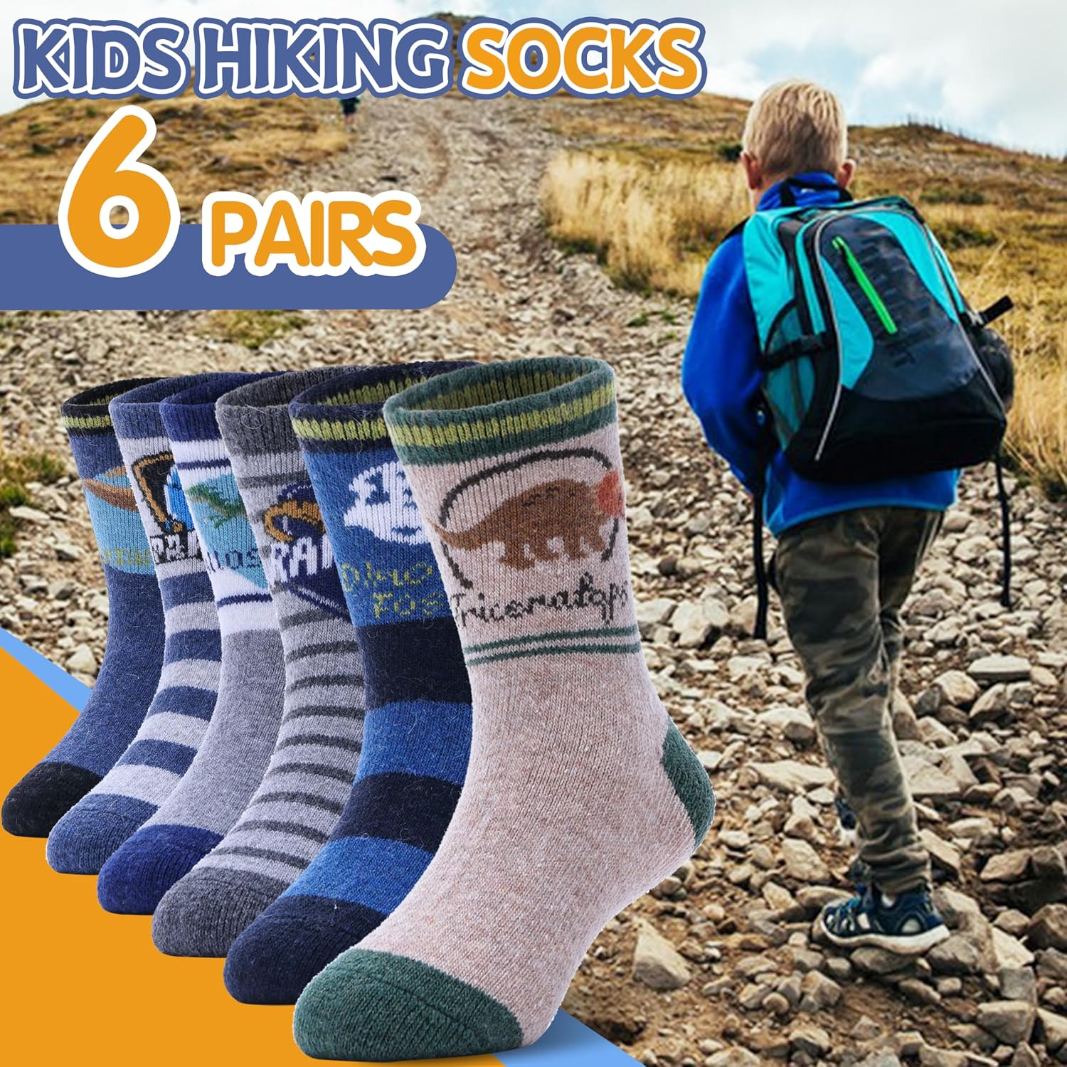 Detalle 2 de ANTSANG Kids Merino Wool Hiking Socks, 6-Pair Crew Boot Socks with Full Cushioning