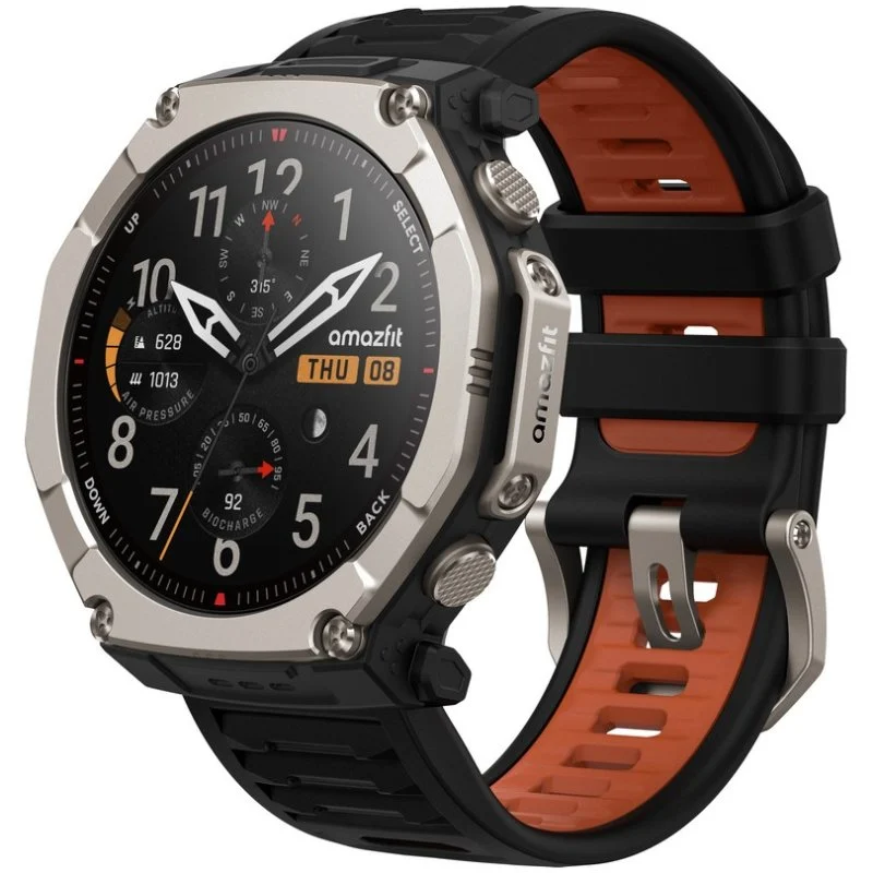 Detalle de Amazfit T-Rex Ultra 2: reloj deportivo de titanio para aventuras extremas con GPS, NFC y 10 ATM