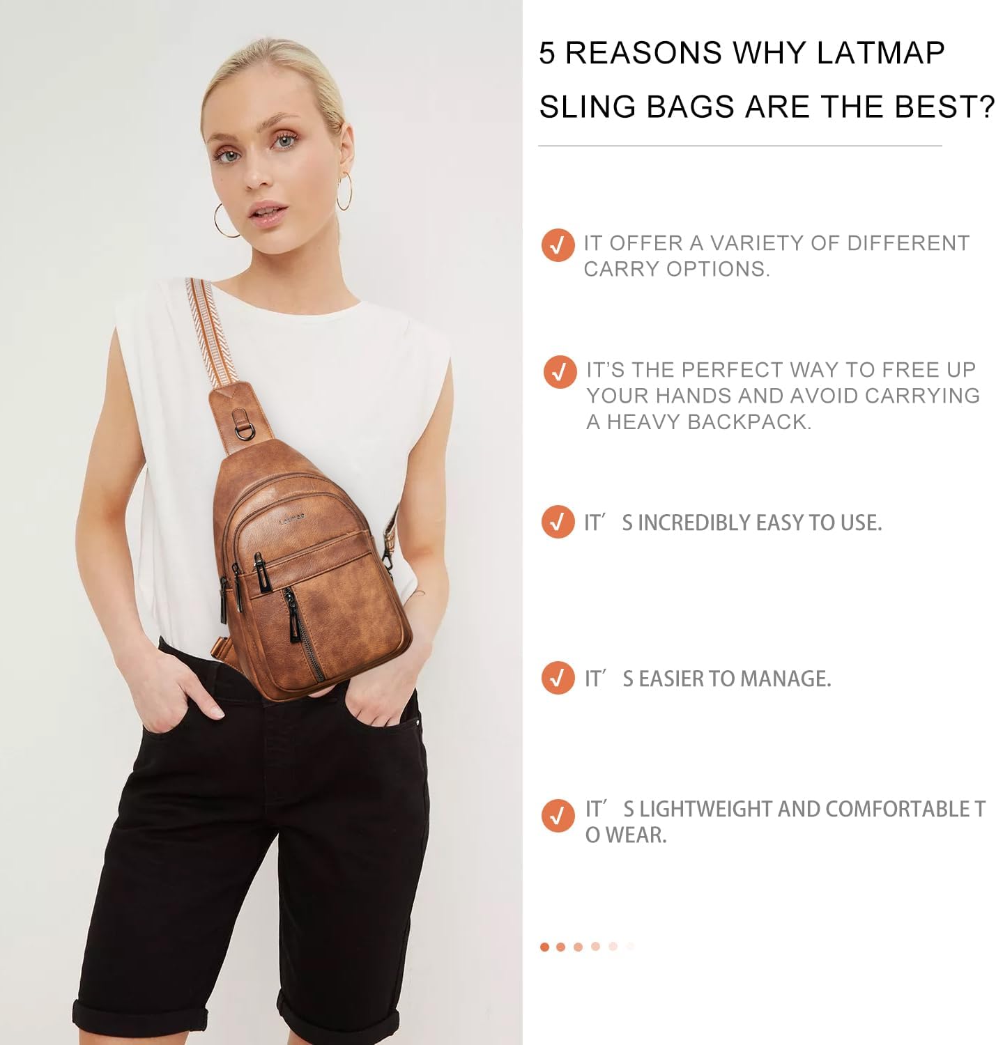 Detalle 2 de LATMAP 7L Sling Bag: Versatile Faux Leather Crossbody for Everyday Carry