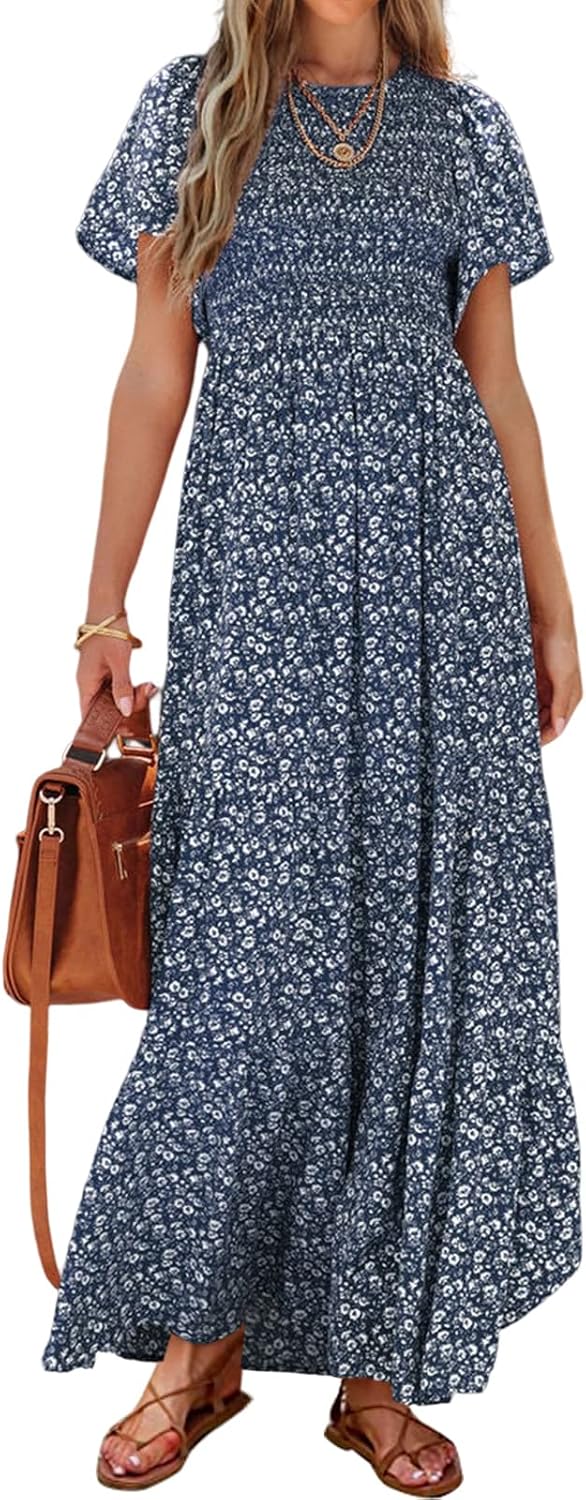 Detalle de PRETTYGARDEN Women's 2026 Summer Flutter Short Sleeve Boho Floral Maxi Dress